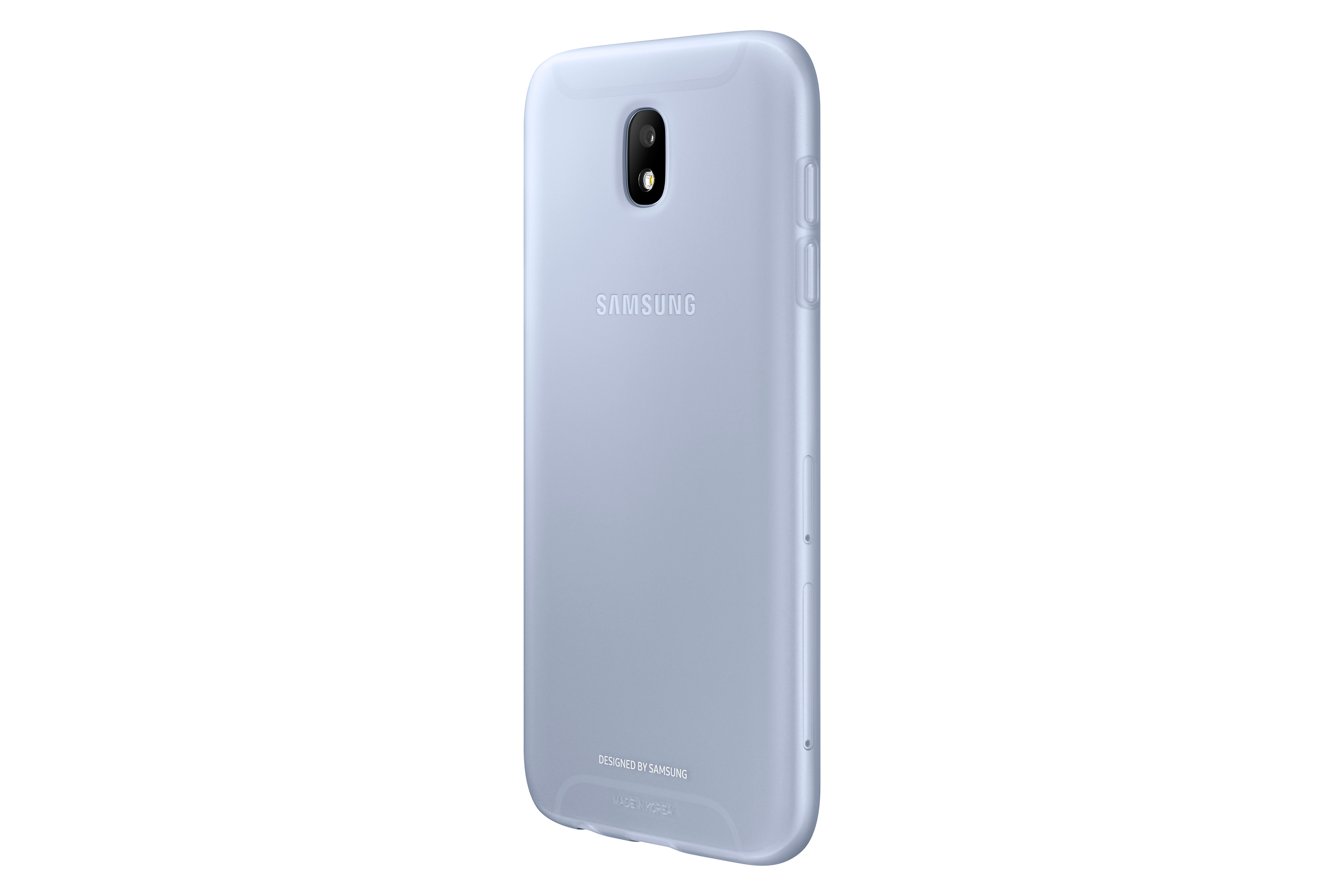 Una custodia per telefono azzurra, leggermente angolata, con il logo Samsung e la fotocamera. La custodia è su sfondo bianco.