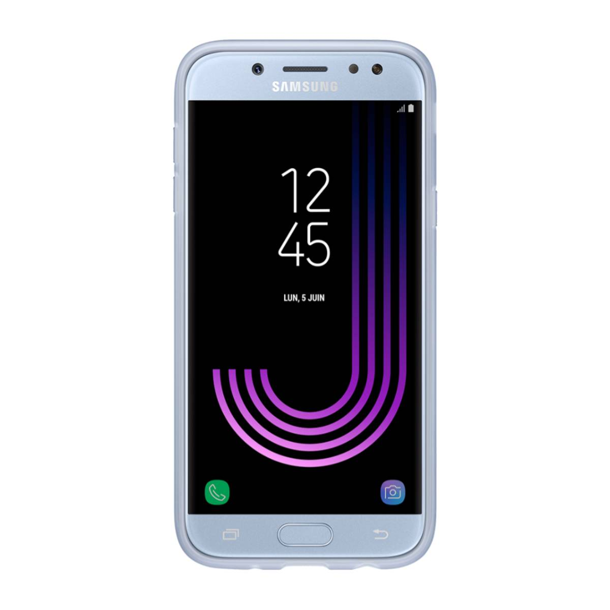 Telefono in una custodia blu, che mostra ora e icone, su sfondo bianco.