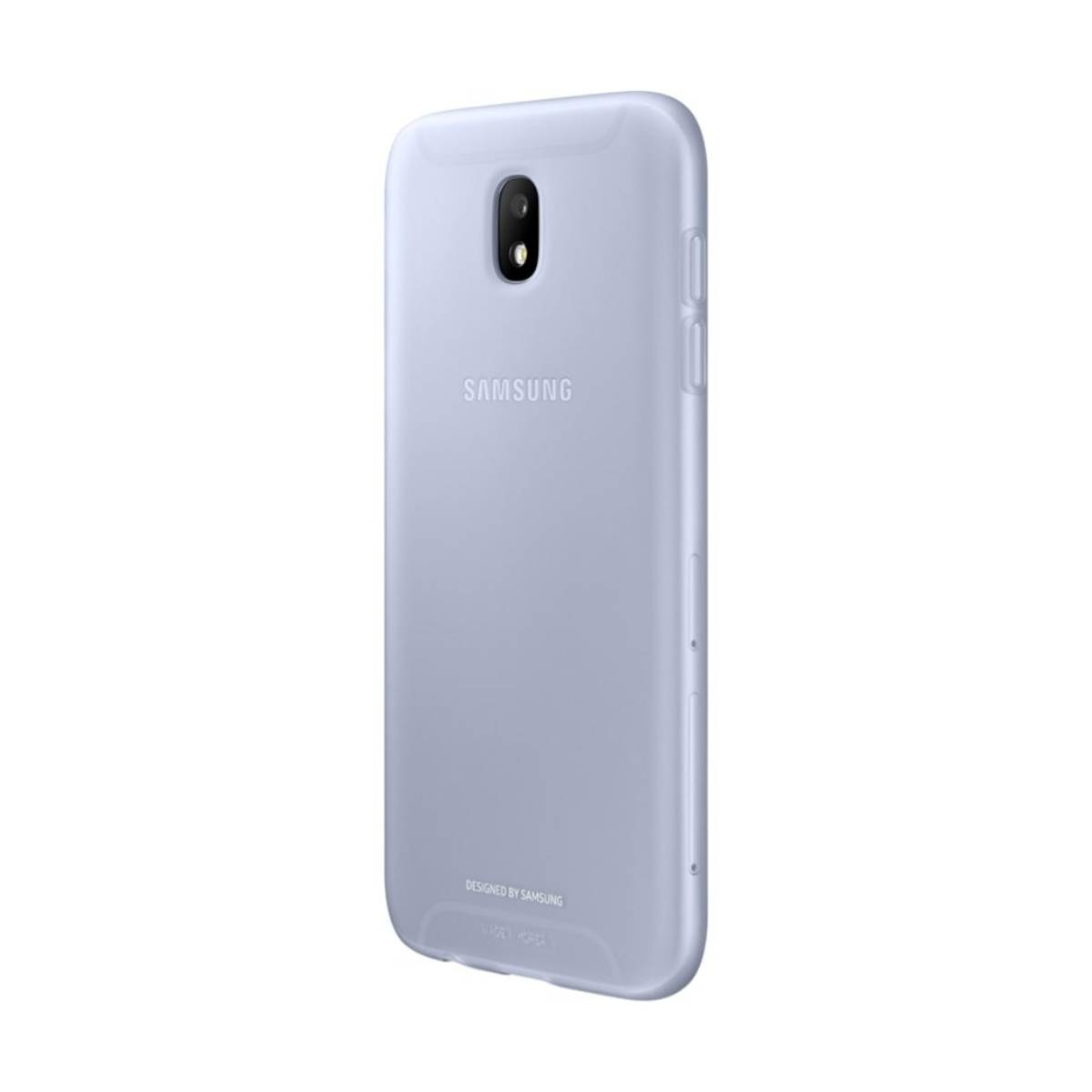 Una custodia per telefono azzurra, leggermente angolata, con il logo Samsung e la fotocamera. La custodia è su sfondo bianco.