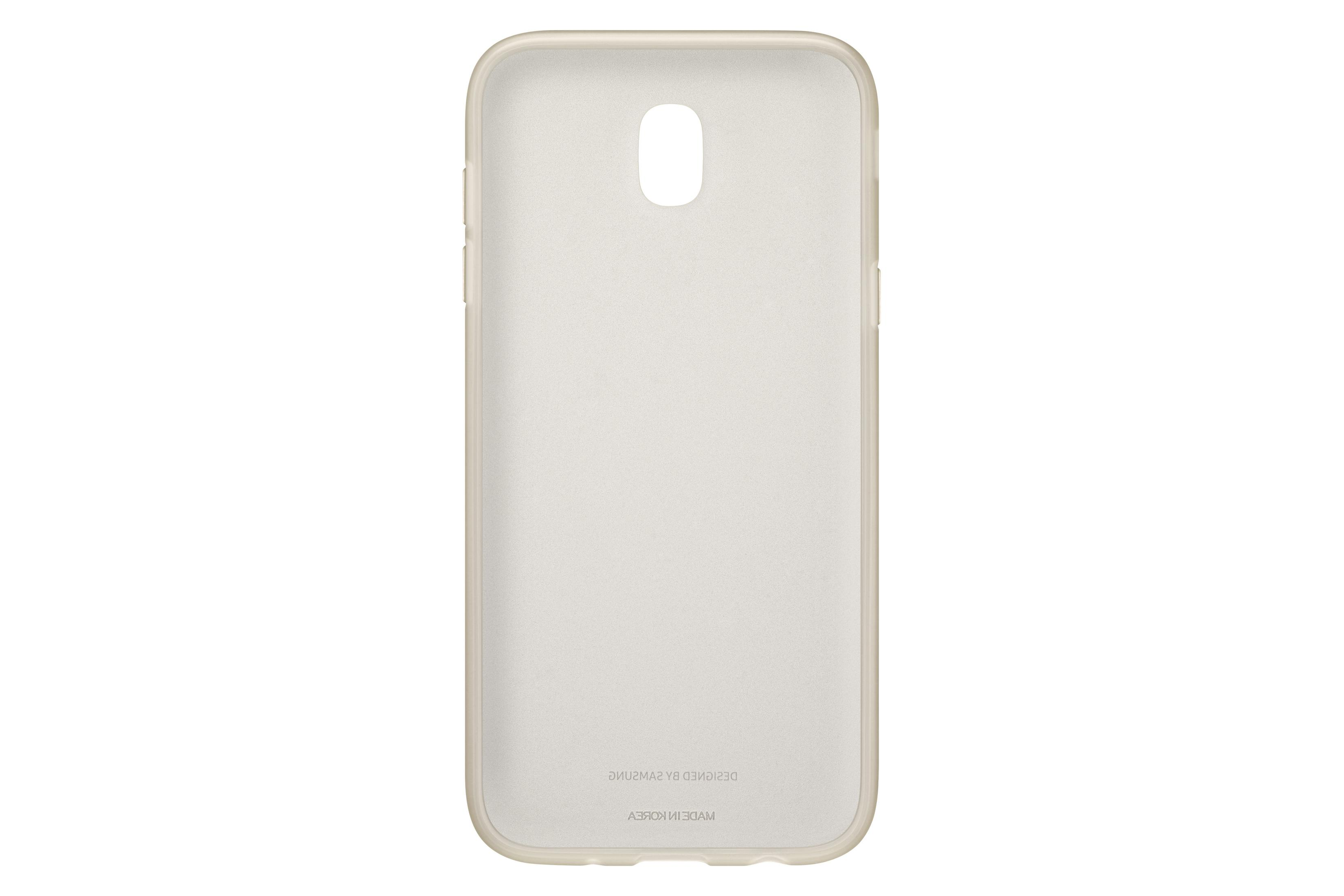 Una funda de teléfono beige, vista desde atrás, con un recorte para la cámara y el logo de Samsung. Fondo blanco.