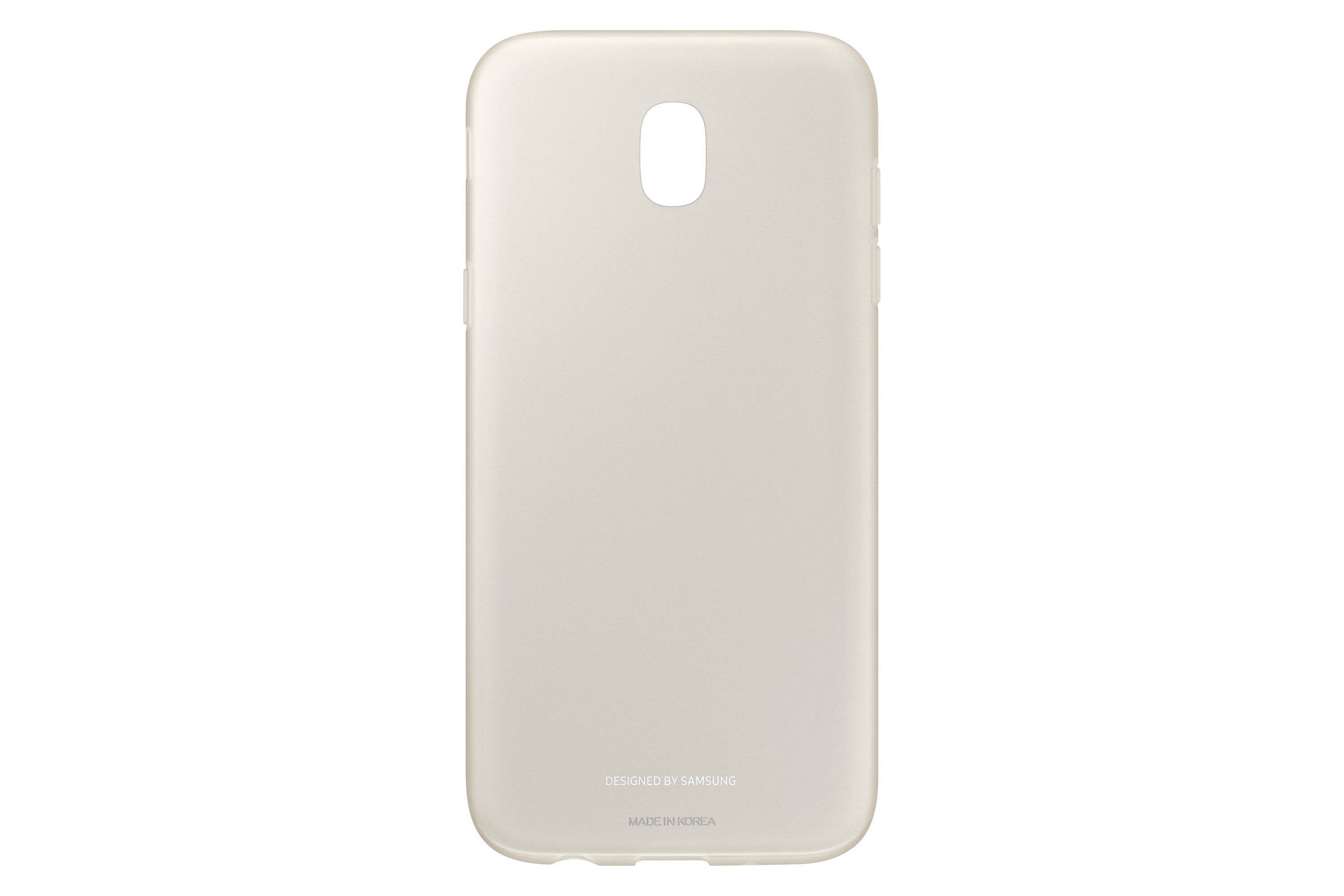 Una funda blanca para teléfono con un recorte para la cámara y las palabras 'Designed by Samsung' y 'Made in Korea'.