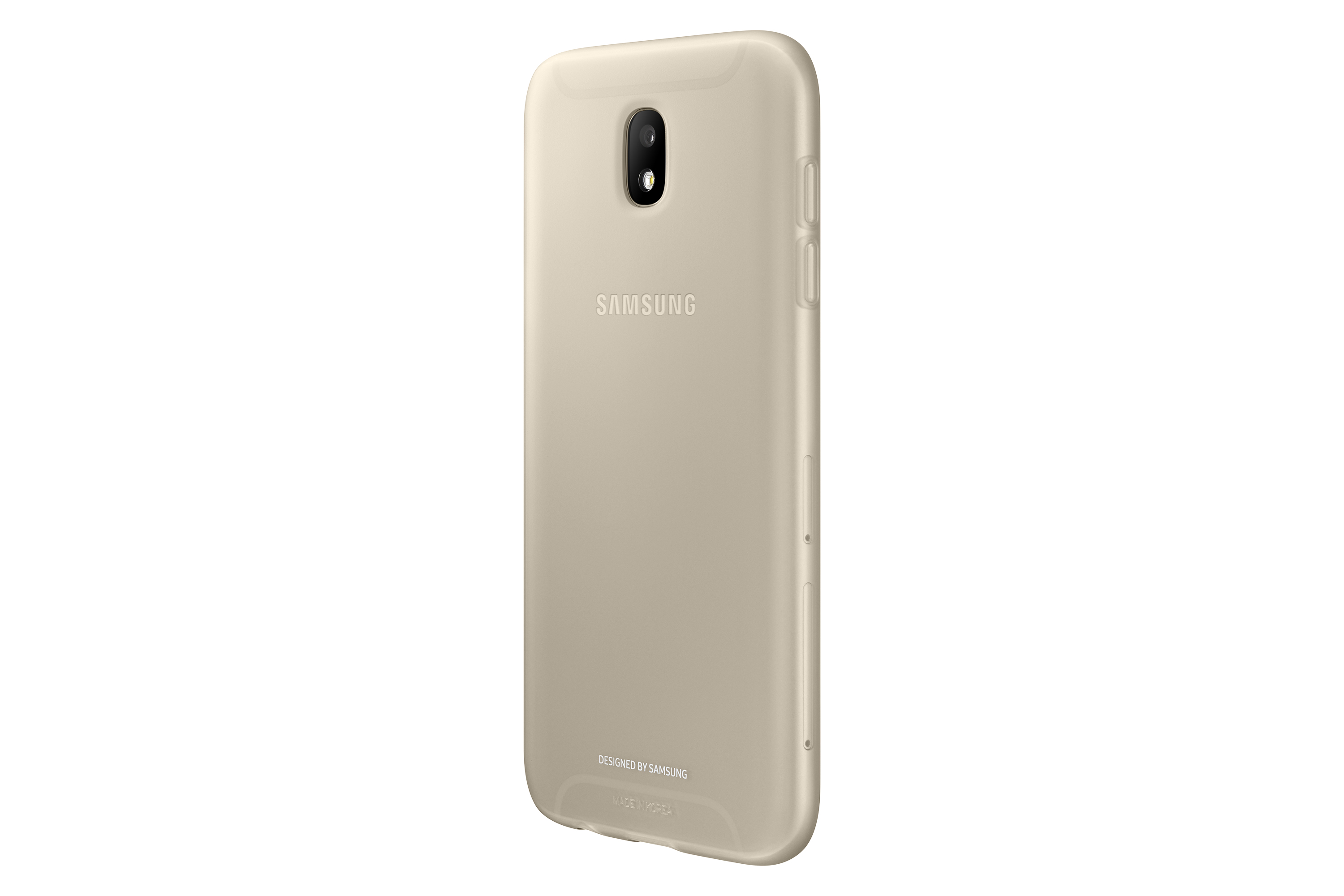 Una funda dorada para teléfono, ligeramente angulada, con el logotipo de Samsung y la cámara. Fondo blanco.