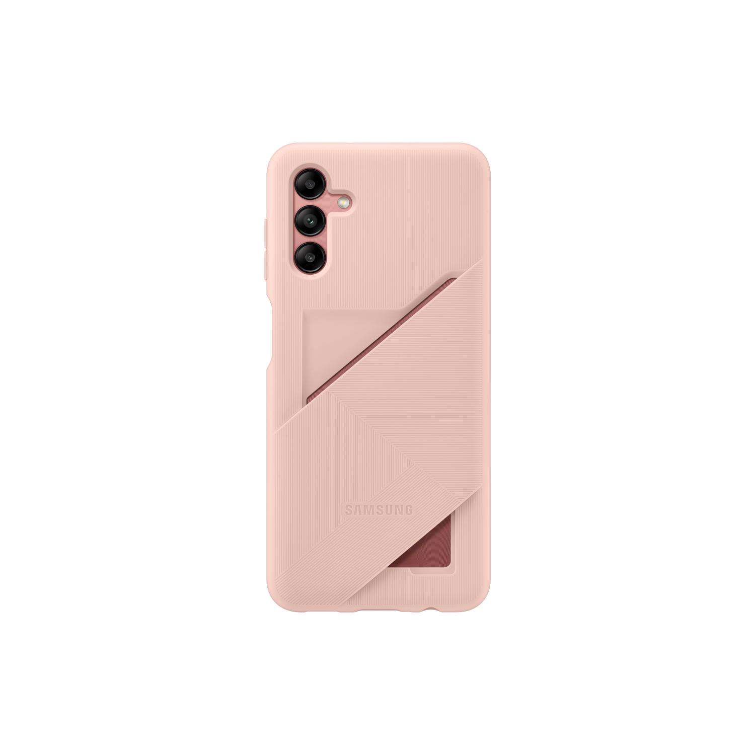 Eine rosa Handyhülle mit Kartenhalter und drei Kameralinsen, abgewinkelt auf schwarzem Hintergrund. Samsung-Logo sichtbar.