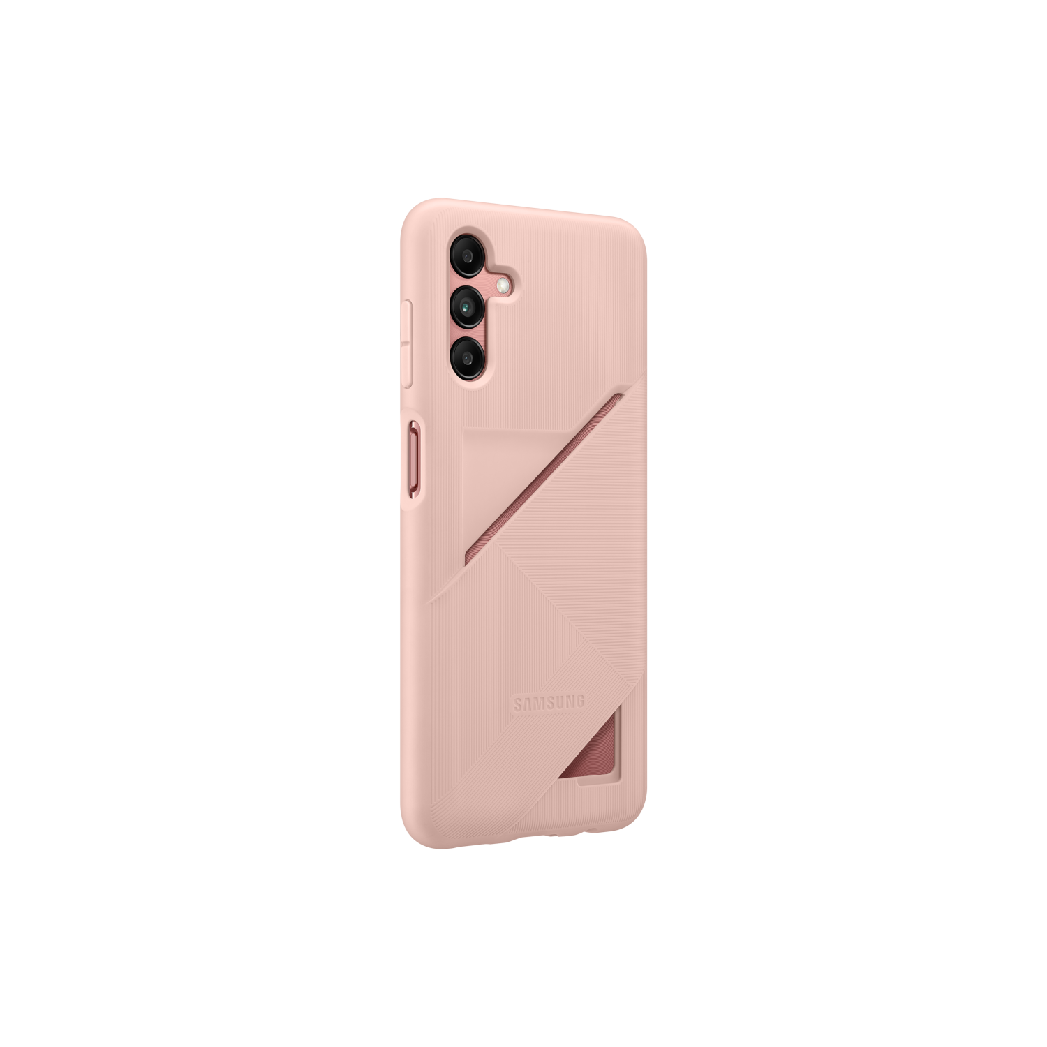 Eine rosa Handyhülle mit Kartenhalter und drei Kameralinsen, abgewinkelt auf schwarzem Hintergrund. Samsung-Logo sichtbar.