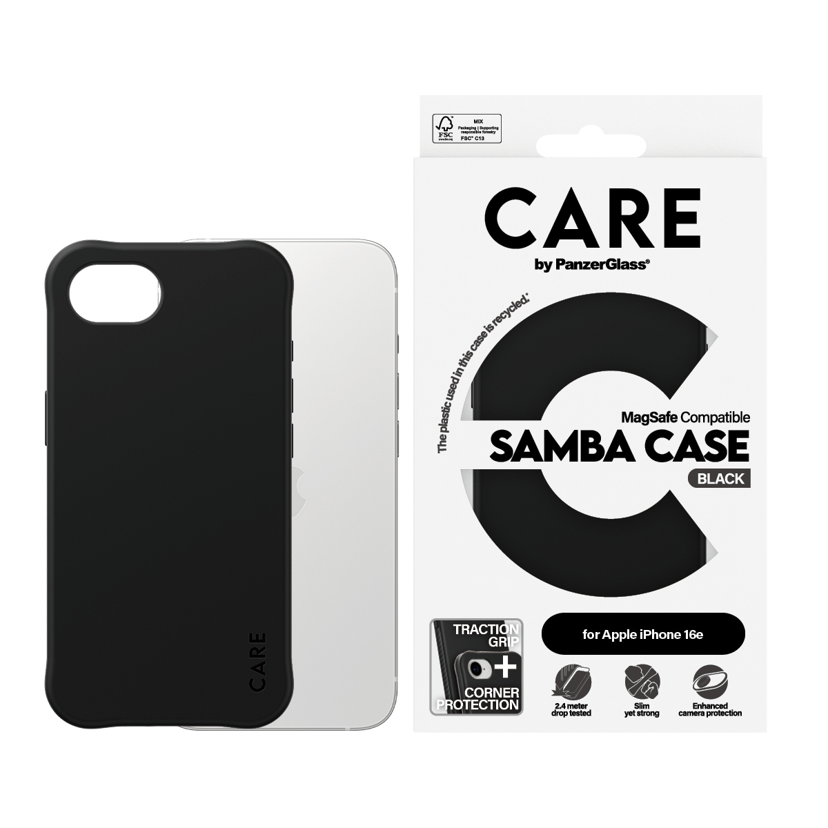 Custodia per telefono nera con scatola bianca. Testo: CARE, SAMBA CASE, BLACK. C'è un telefono dentro.