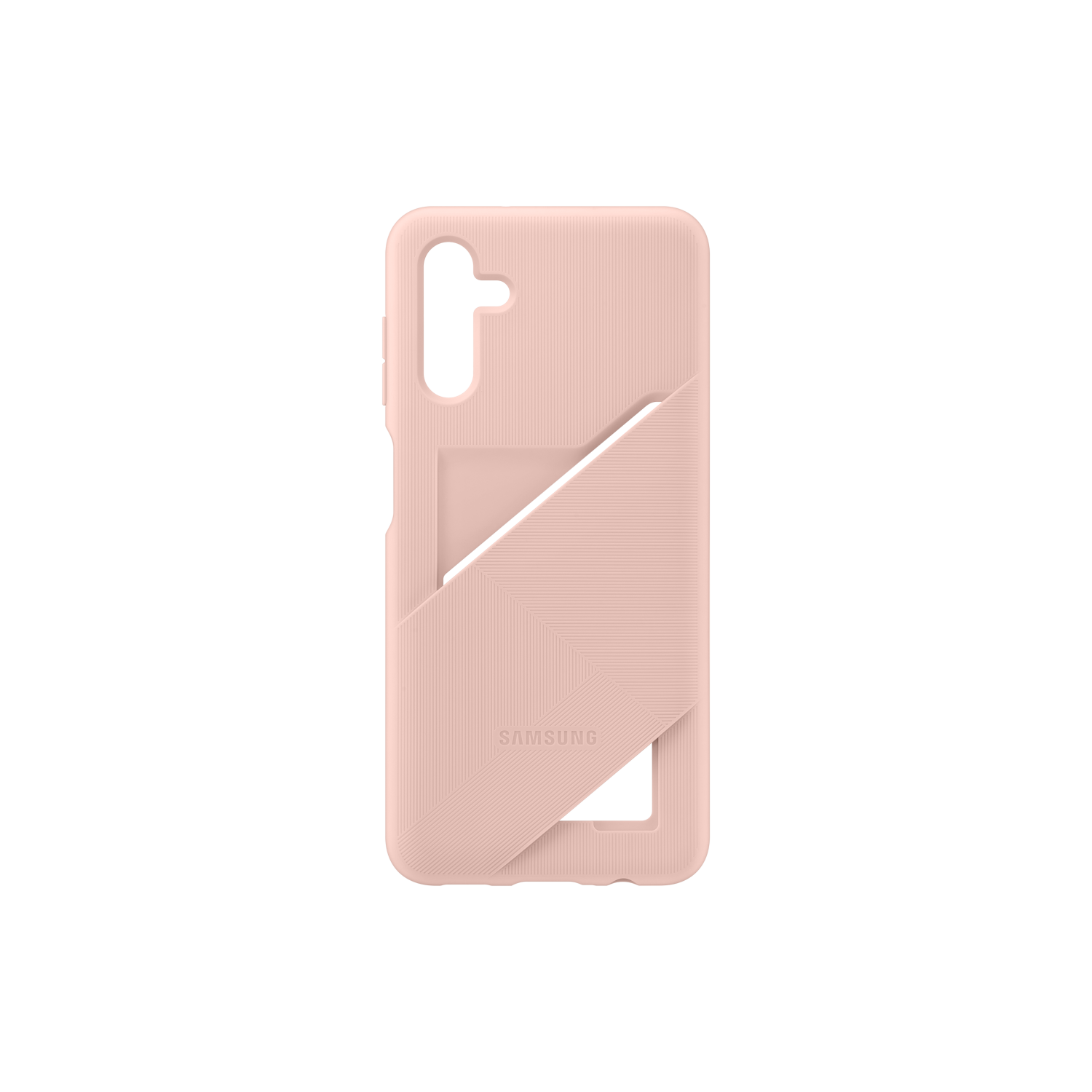 Eine rosa Handyhülle mit schwarzem Detail und Samsung-Logo auf schwarzem Hintergrund.