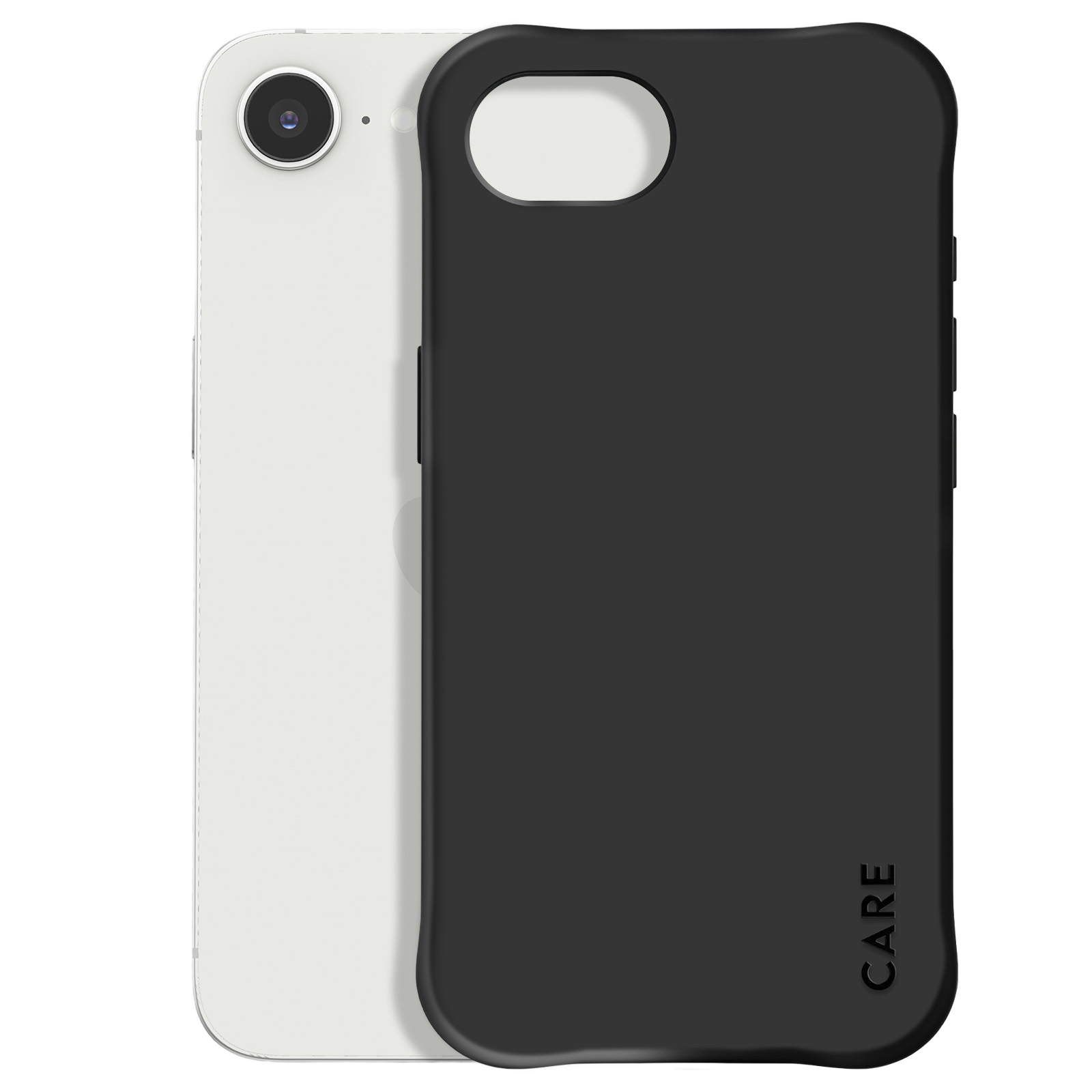 Una custodia nera accanto a un telefono bianco. La custodia ha un ritaglio per la fotocamera.