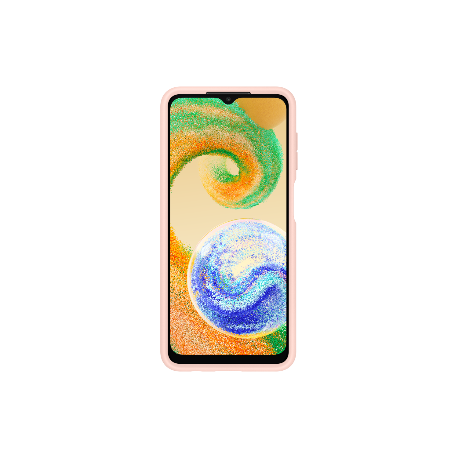 Samsung-Telefon mit farbenfrohem, abstraktem Design auf dem Bildschirm, in rosa Hülle, auf schwarzem Grund.