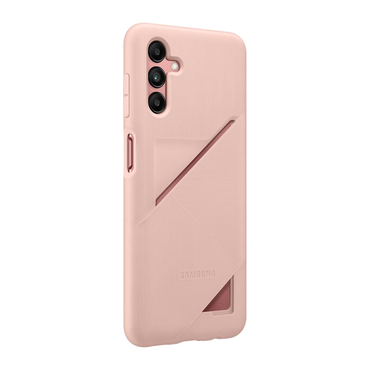 Eine rosa Handyhülle mit Kameraaussparungen und einem Kartensteckplatz. Das Samsung-Logo ist sichtbar.