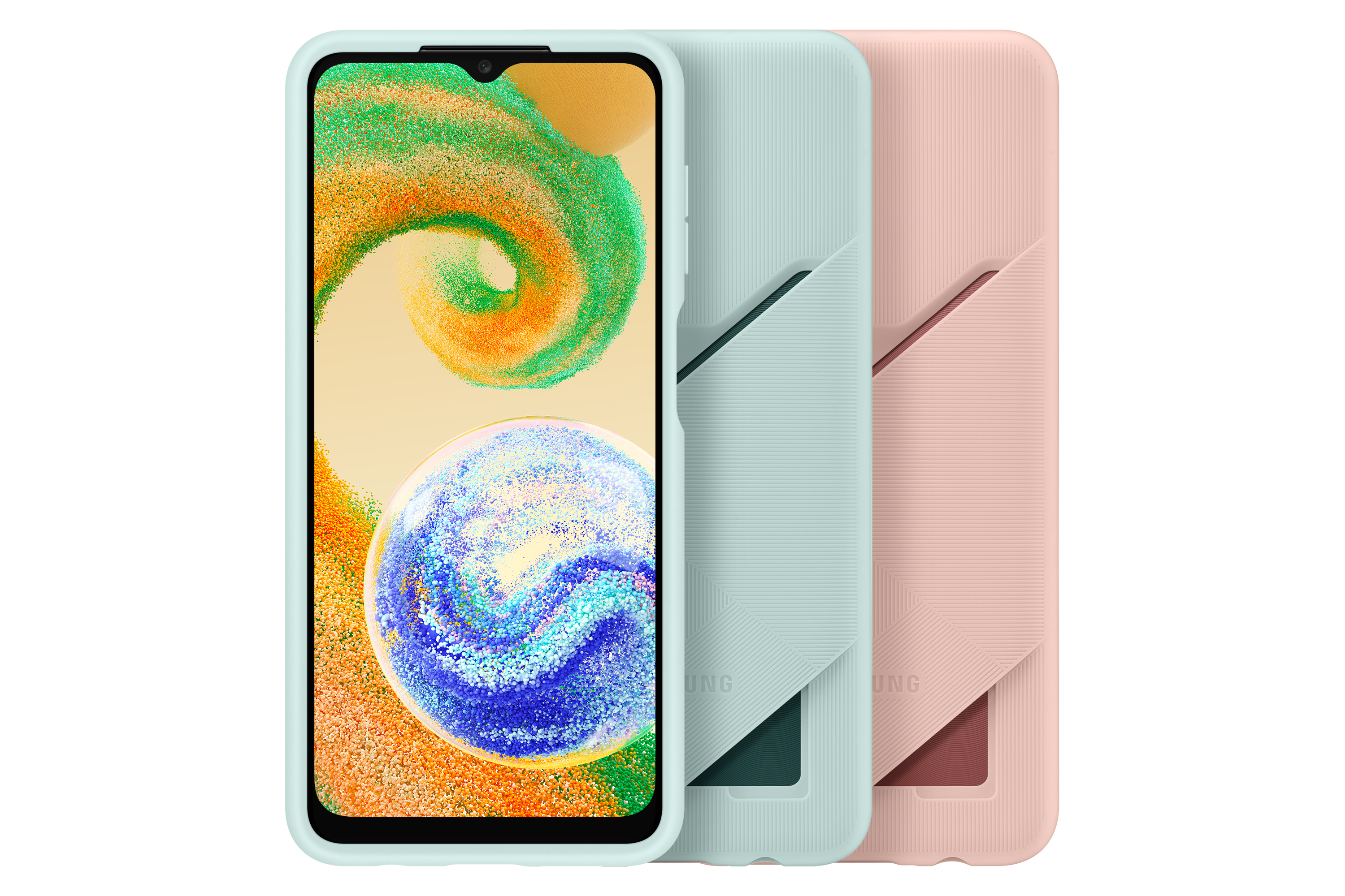 Drei Telefone in Hüllen, mintgrün, rosa und ein hellgrünes Telefon. Die Bildschirme sind an und haben Designs.