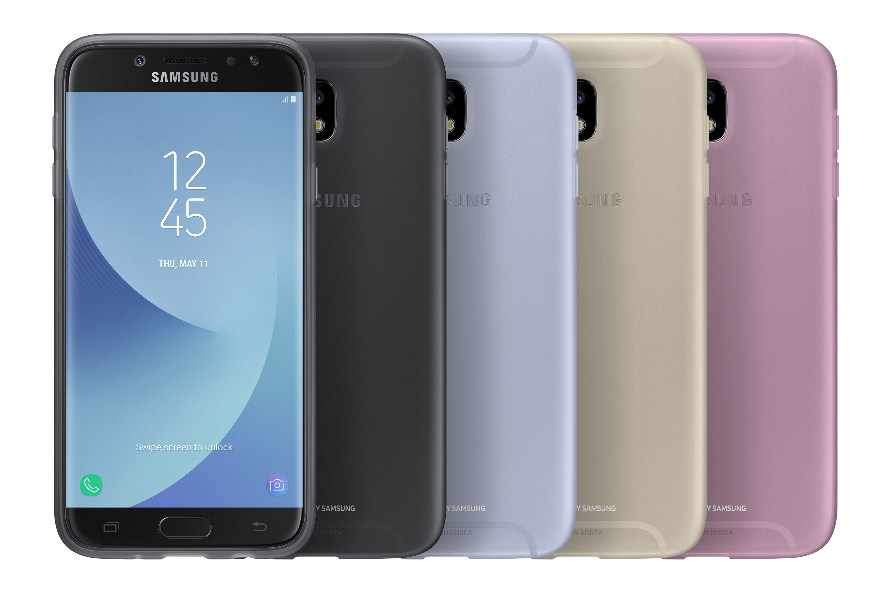 Cuatro teléfonos en fundas, negro, gris, azul, dorado y rosa. Las pantallas están encendidas y muestran la hora.