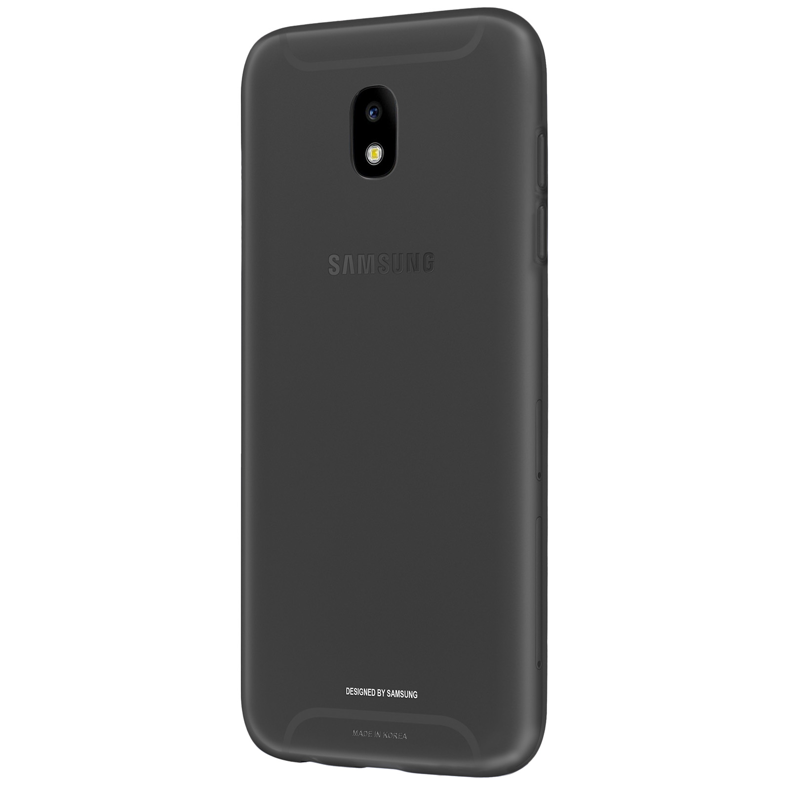 Una funda negra para teléfono con un solo recorte para la cámara. El logotipo de Samsung y otras marcas son visibles.
