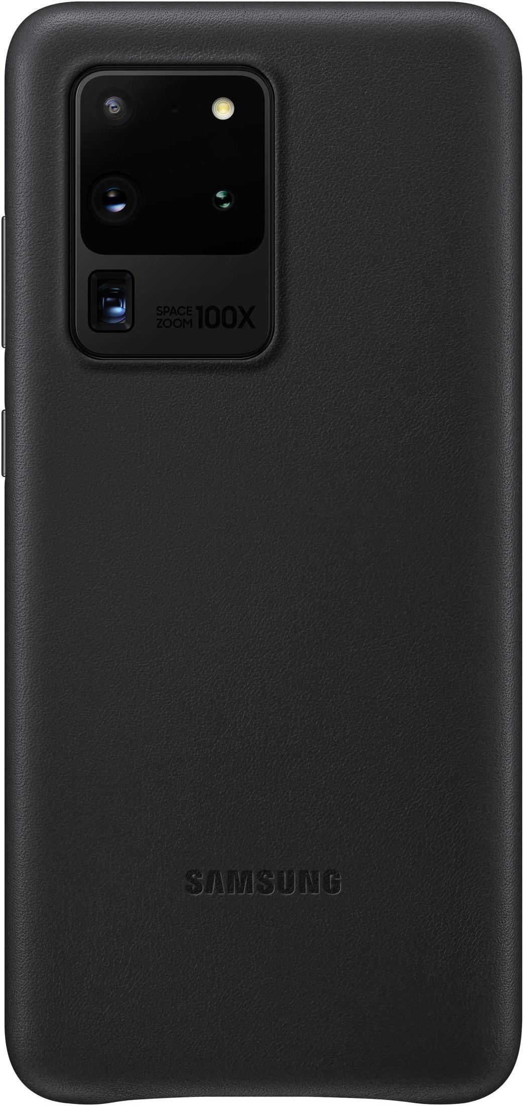 Una custodia nera per telefono con ritagli per la fotocamera. Il telefono è nero e ha il logo Samsung.