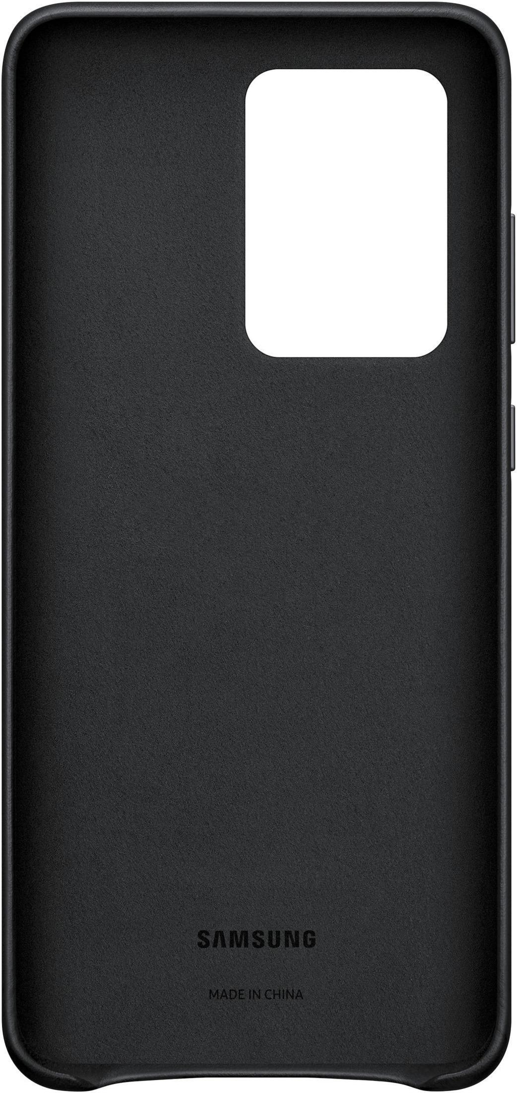 Una custodia nera per telefono con un ampio ritaglio rettangolare per la fotocamera. Il logo Samsung è visibile.