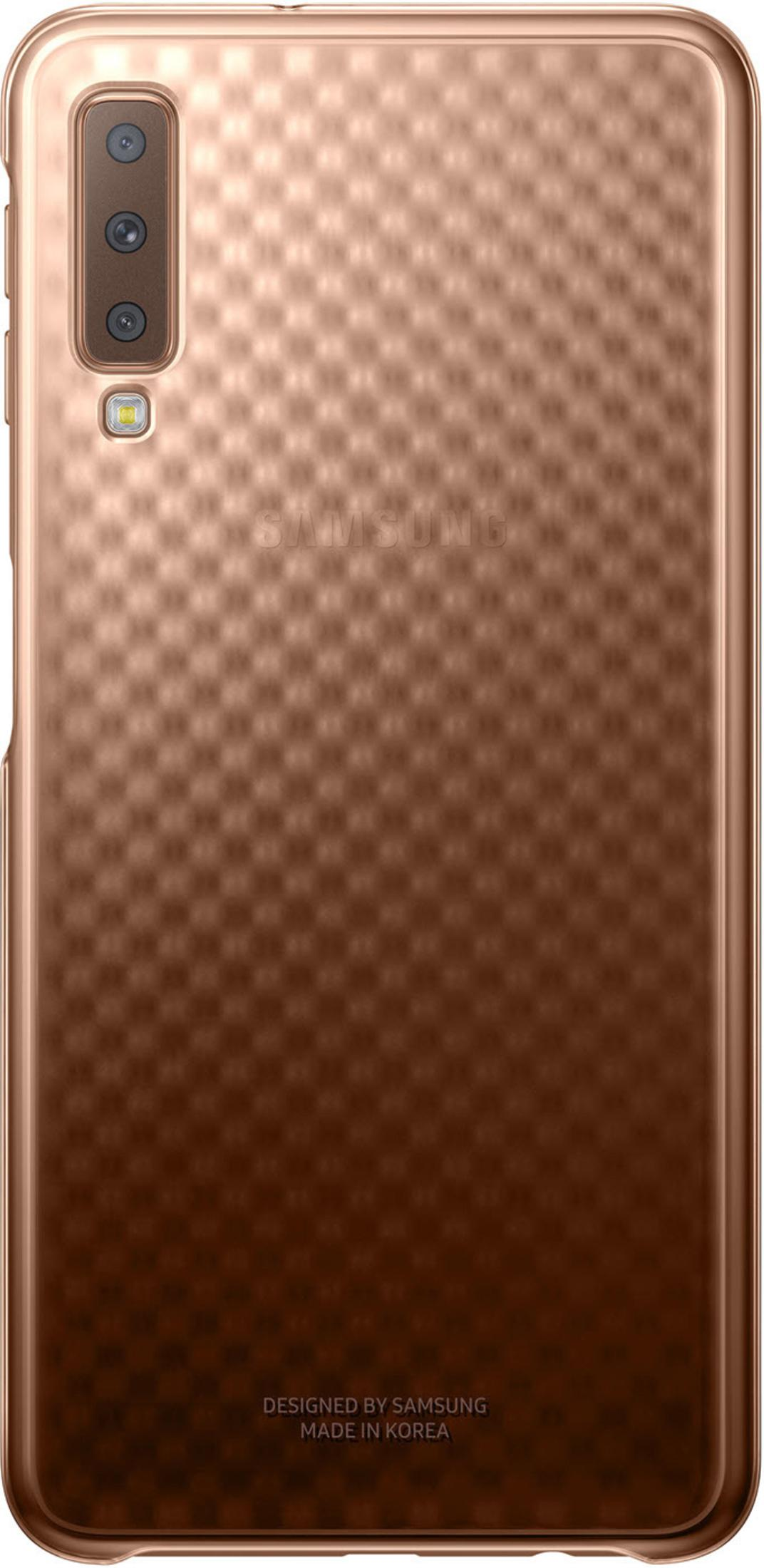 Una funda de teléfono con un patrón de bronce, con el logotipo de Samsung.