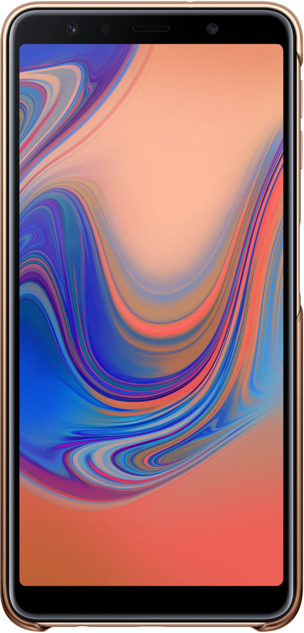 Un teléfono con una funda de bronce. La pantalla muestra un diseño colorido.