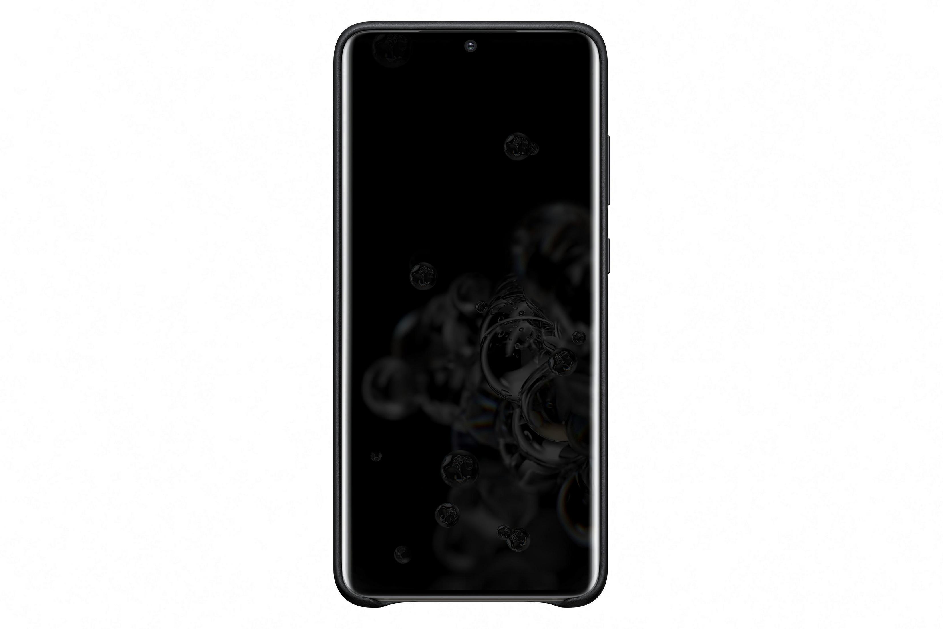 Un telefono nero con uno schermo che mostra bolle, su sfondo bianco.
