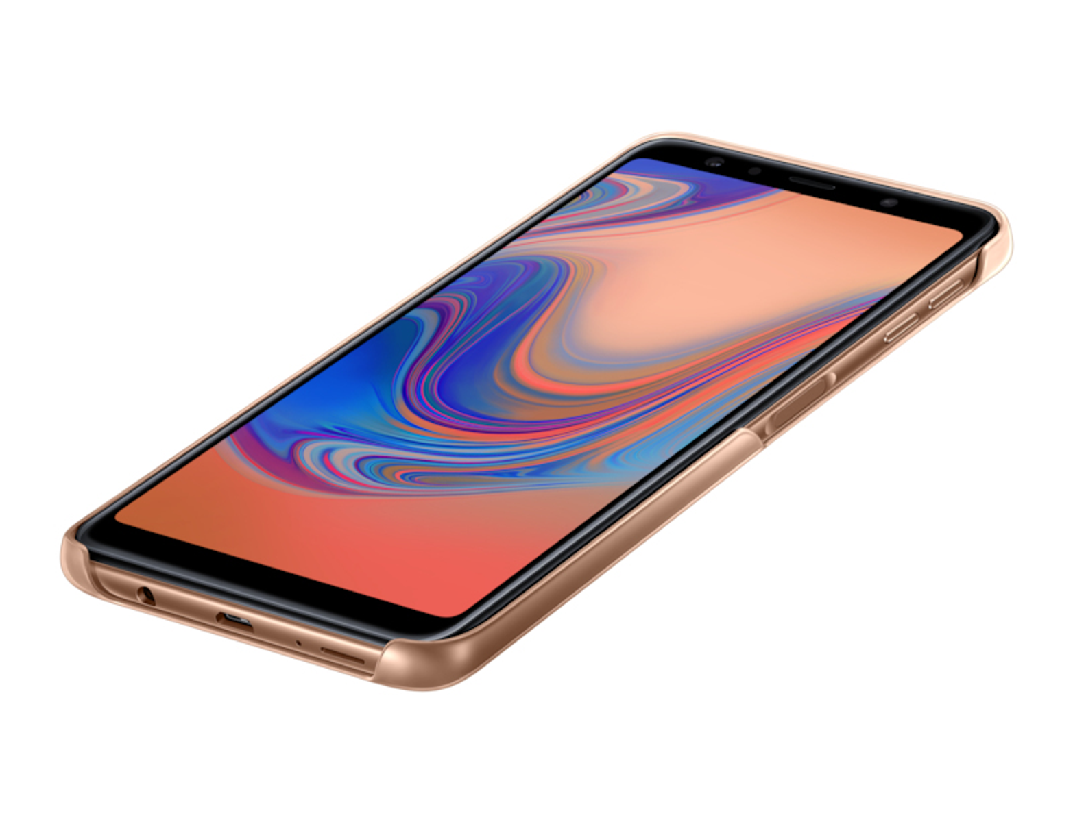 Un teléfono en una funda de bronce, acostado sobre una superficie blanca. La pantalla muestra un diseño colorido.