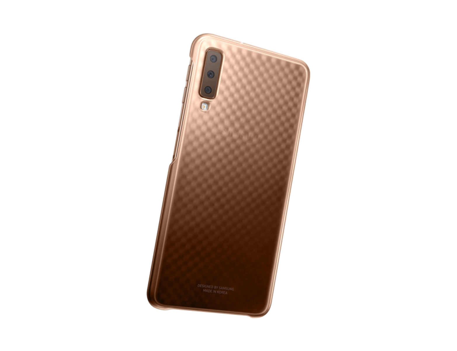 Una funda de teléfono color cobre con un patrón texturizado, diseñada por Samsung, sobre fondo blanco.