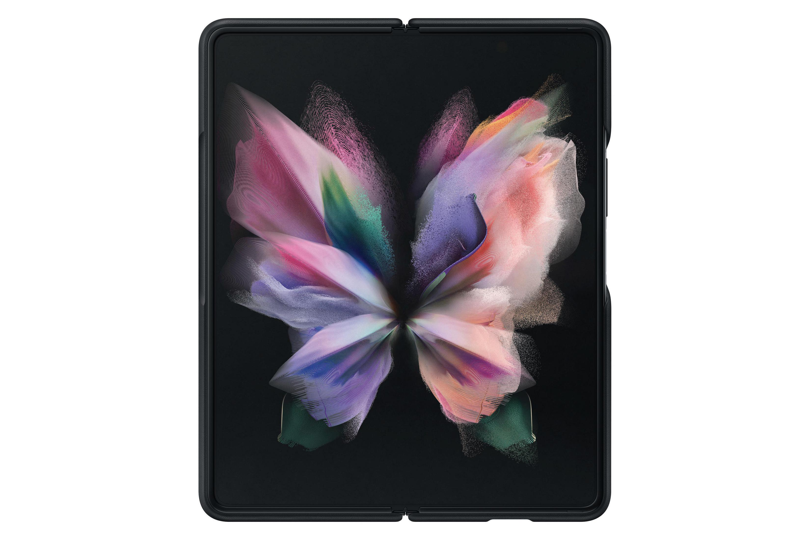 Ein faltbares Telefon, das ein schmetterlingsartiges Bild aus Farben auf schwarzem Hintergrund zeigt.