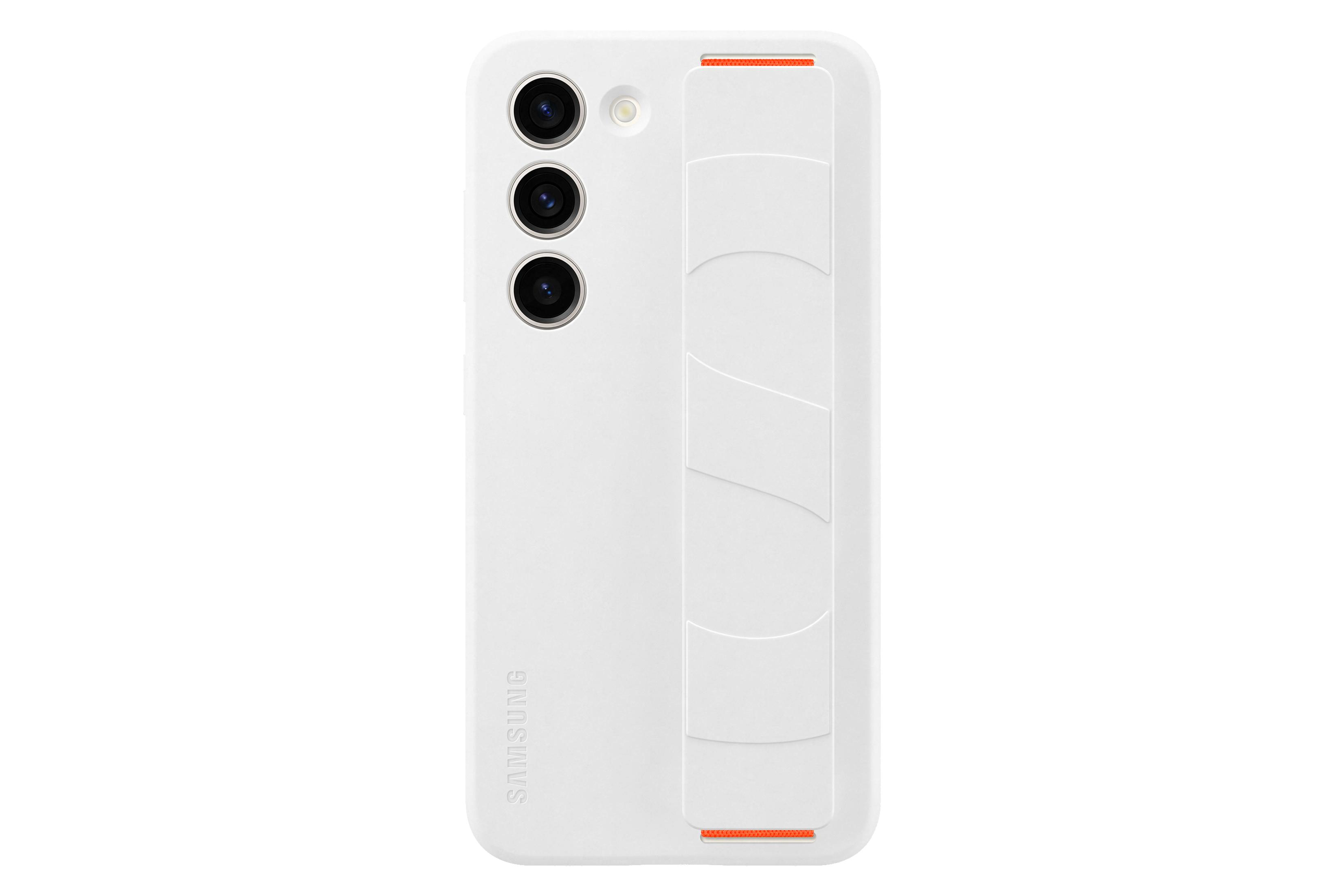 Una custodia bianca per telefono con ritagli per la fotocamera e un supporto. Il logo Samsung è visibile.