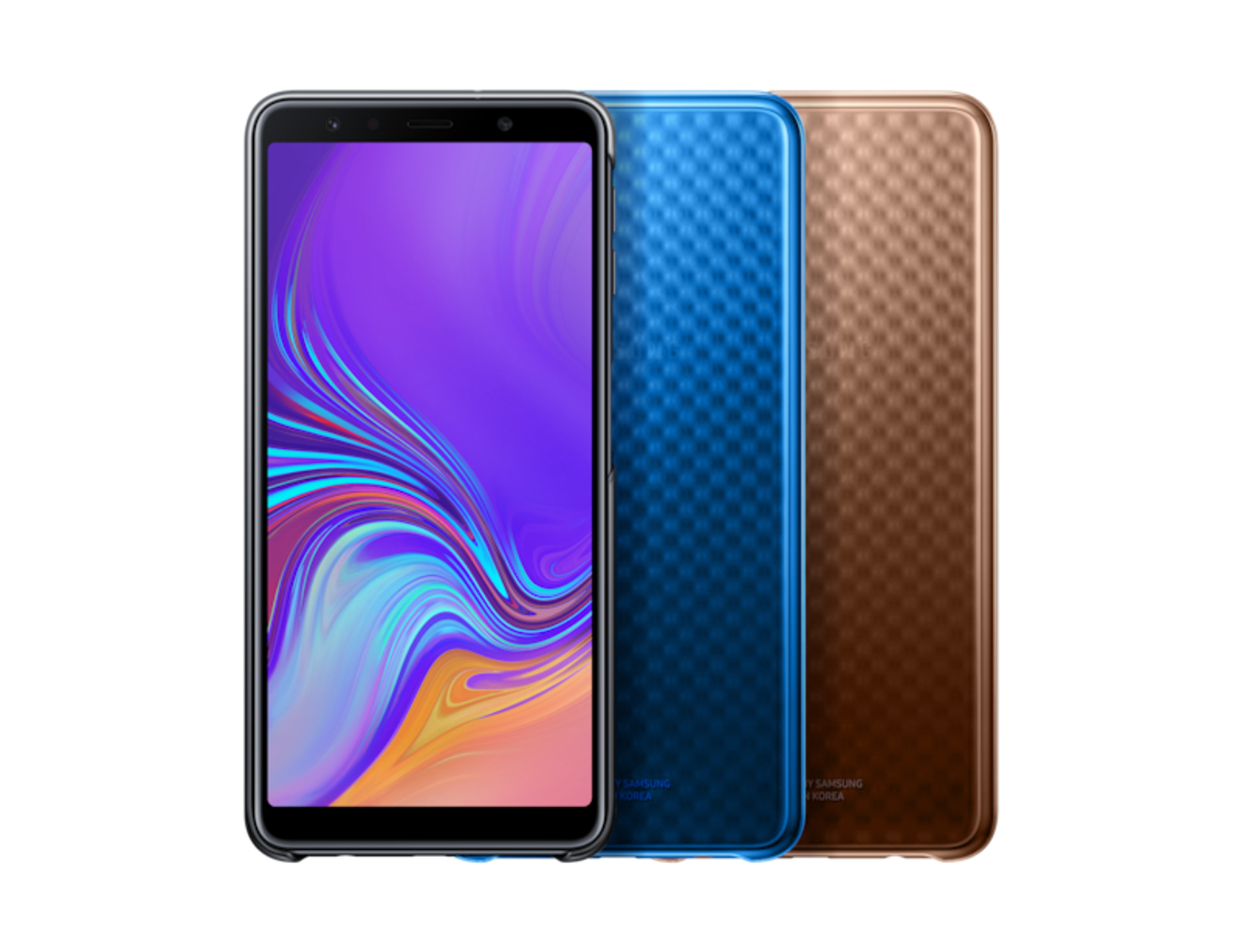 Tres teléfonos uno al lado del otro en diferentes colores, el de la izquierda tiene una pantalla morada.