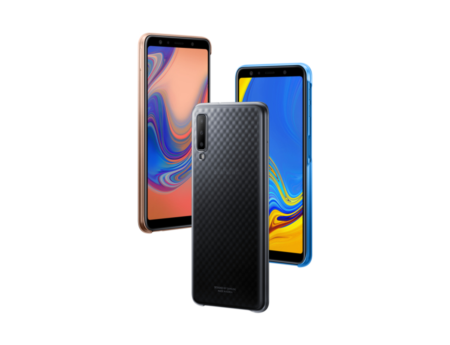 Tres teléfonos: dorado, negro y azul, sobre un fondo blanco. El teléfono negro está en una funda.