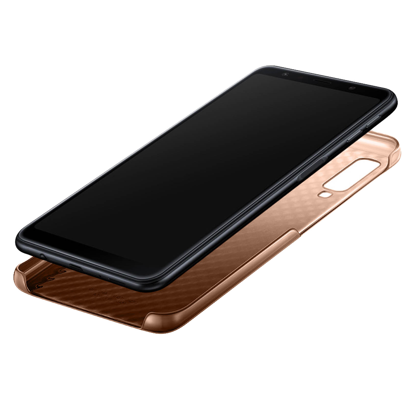 Un smartphone negro con una funda color cobre. El teléfono está ligeramente inclinado sobre la funda.