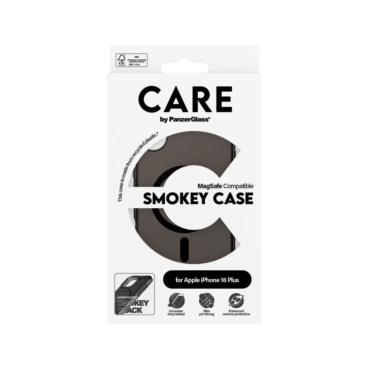 Una scatola di custodia per telefono bianca e nera con l'etichetta CARE, Smokey Case, per Apple iPhone 16 Plus.