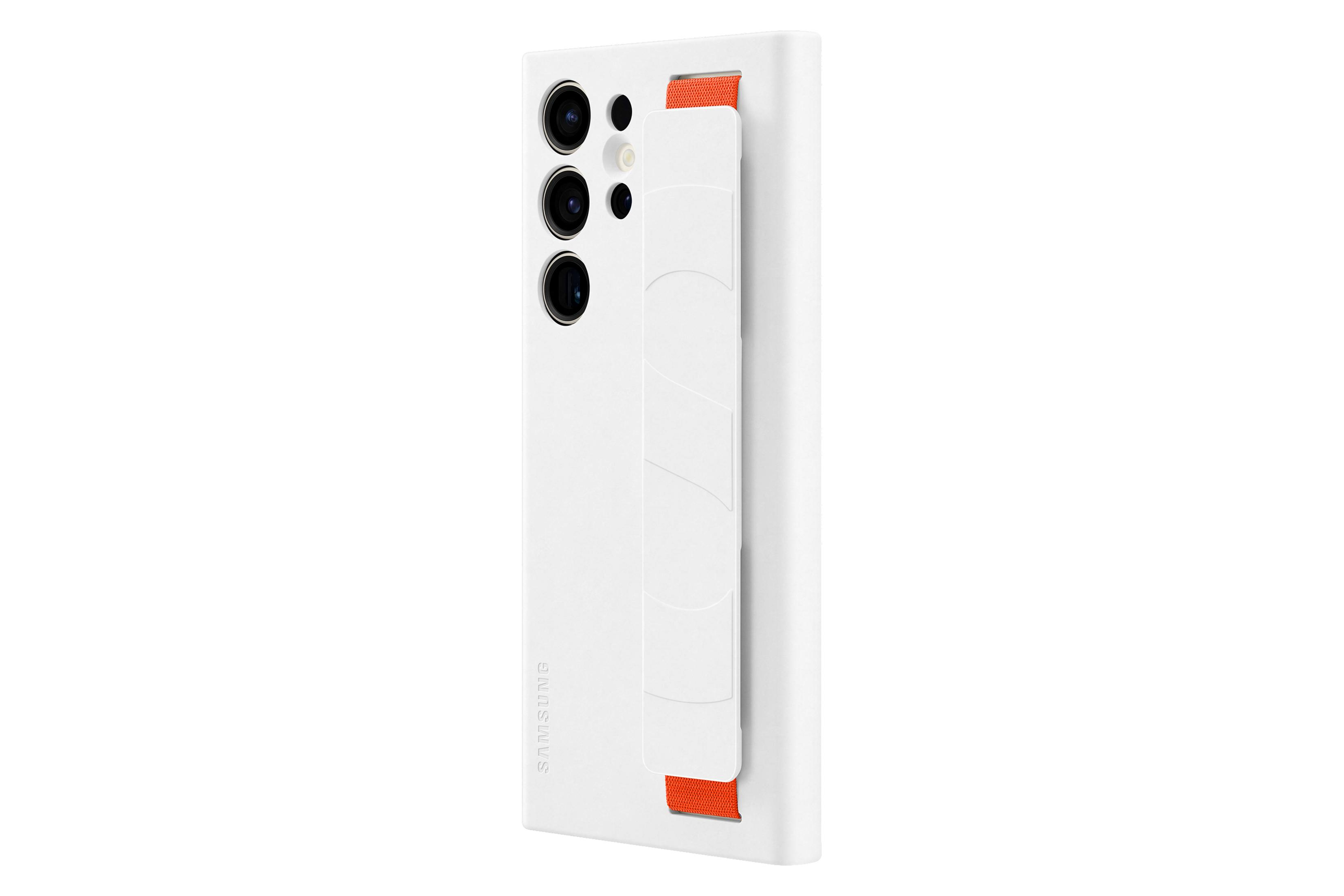 Custodia bianca per telefono con tre fotocamere e cinturino arancione.