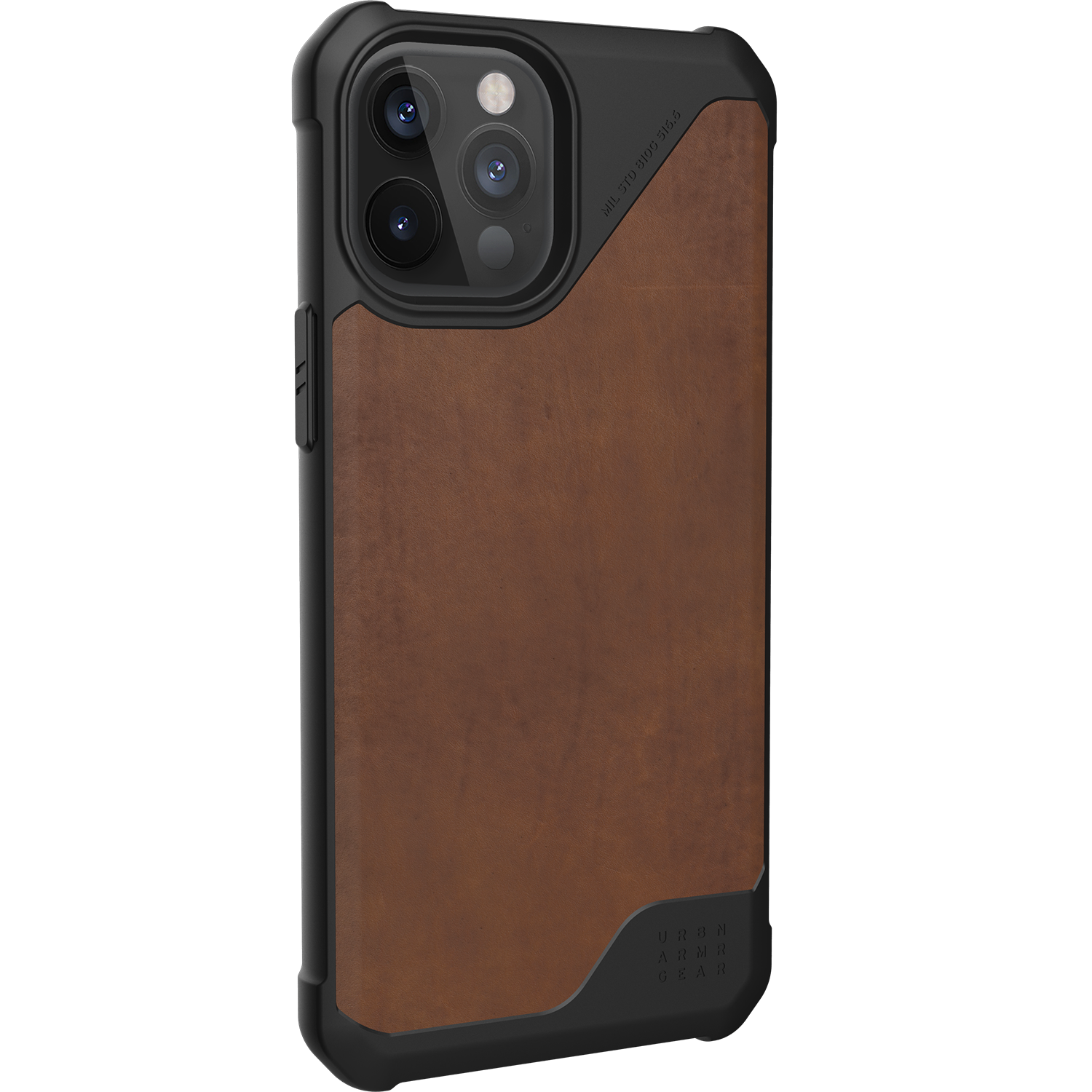 Una custodia per telefono in pelle marrone con cornice nera, il logo UAG e le parole Urban Armor Gear.