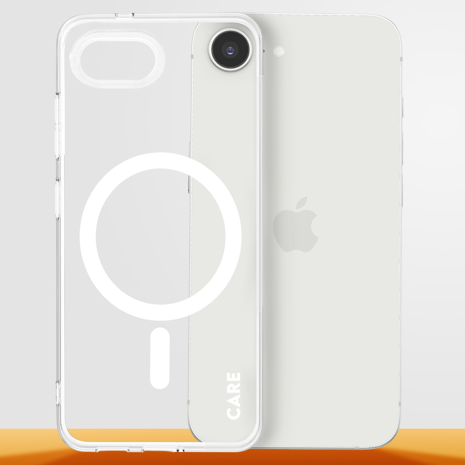 Telefono con custodia trasparente sul retro. Il telefono ha un logo Apple e un ritaglio per la fotocamera.