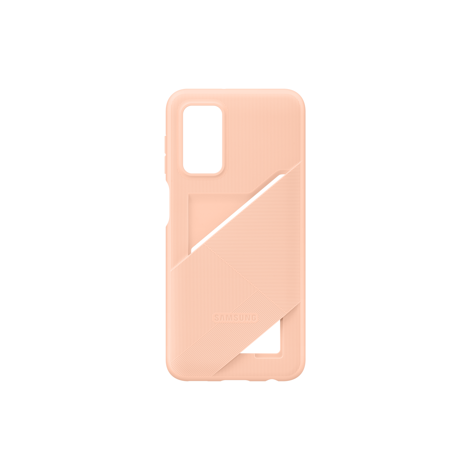 Pfirsichfarbene Handyhülle mit Samsung-Logo. Das Telefon befindet sich auf schwarzem Hintergrund.