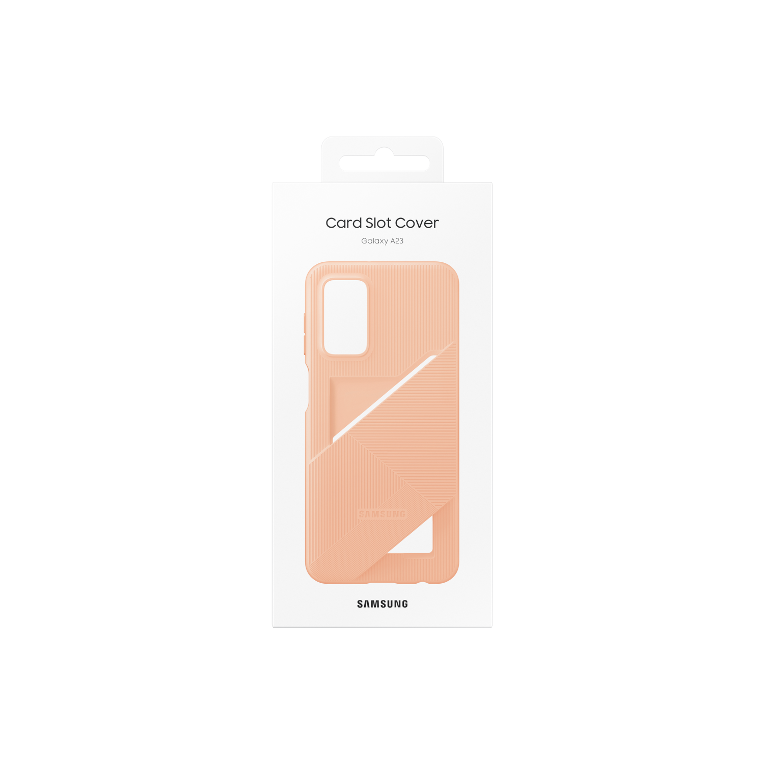 Pfirsichfarbene Handyhülle mit Kartenfach für Galaxy A23, in einer weißen Box mit Samsung-Logo.
