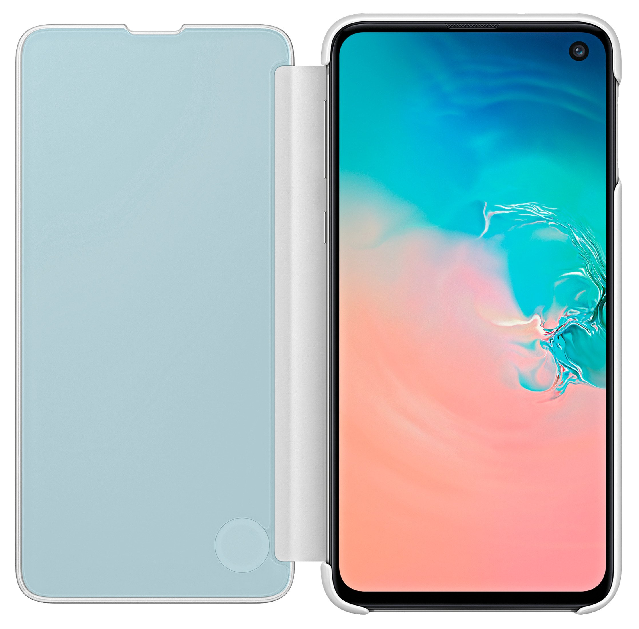 Telefono con cover azzurra aperta lateralmente, lo schermo mostra uno sfondo colorato.