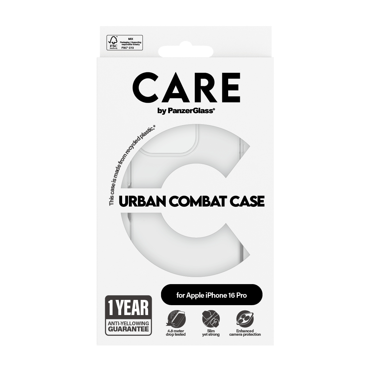 Scatola bianca per custodia per telefono con marchio 'CARE' e testo 'URBAN COMBAT CASE', per Apple iPhone 16 Pro.