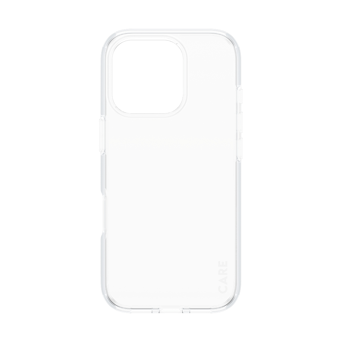 Custodia trasparente per telefono su sfondo bianco. Rettangolare con ritaglio per fotocamera. Logo CARE in basso a destra.