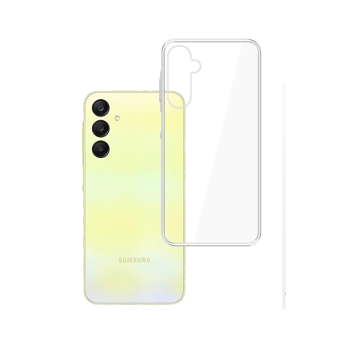Telefono con una custodia trasparente accanto. Il telefono è giallo con tre lenti della fotocamera. È presente uno stilo.