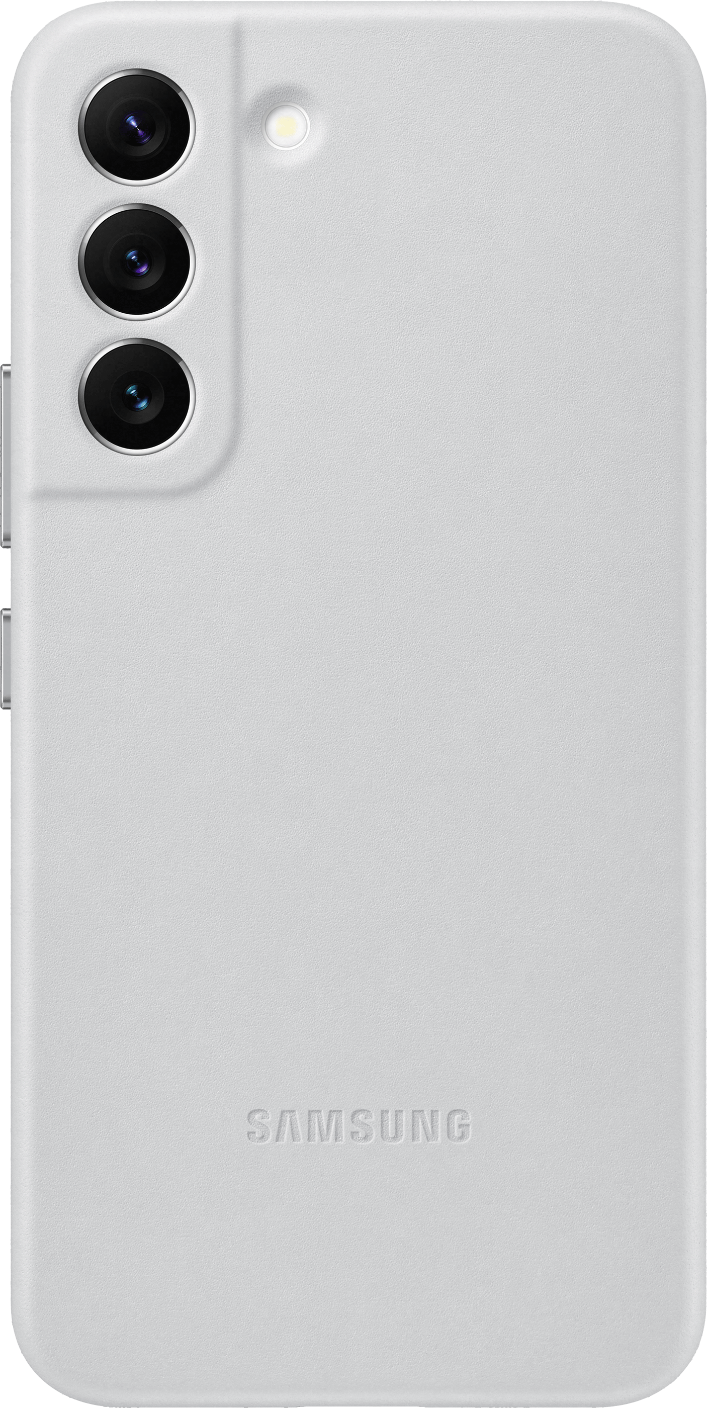Se ve una funda gris para teléfono Samsung con lentes de cámara, flash y el logo de Samsung.