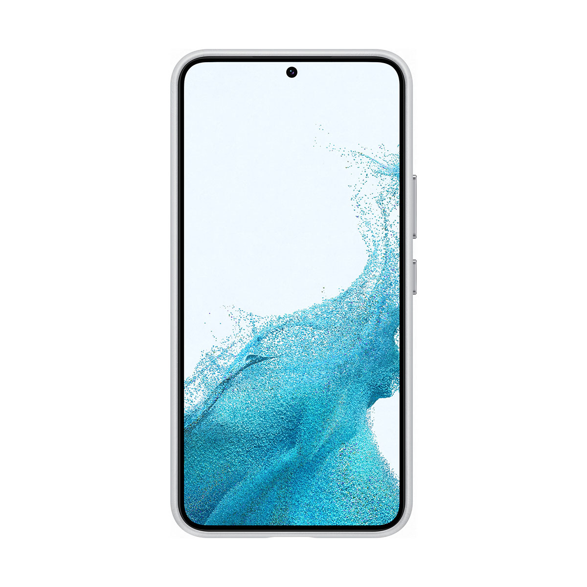 Un teléfono inteligente blanco con una pantalla azul y blanca. Está en una funda blanca.