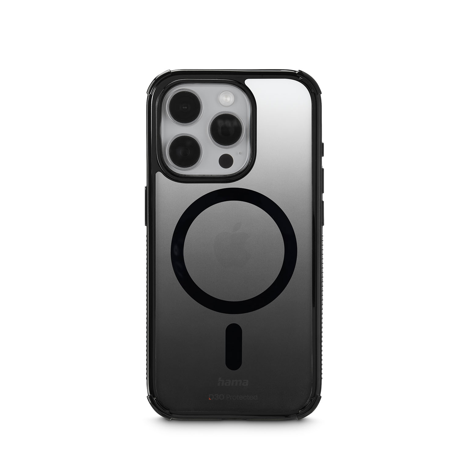 Una custodia nera per telefono con un design circolare trasparente. La custodia ha un ritaglio per la fotocamera e un logo del marchio.
