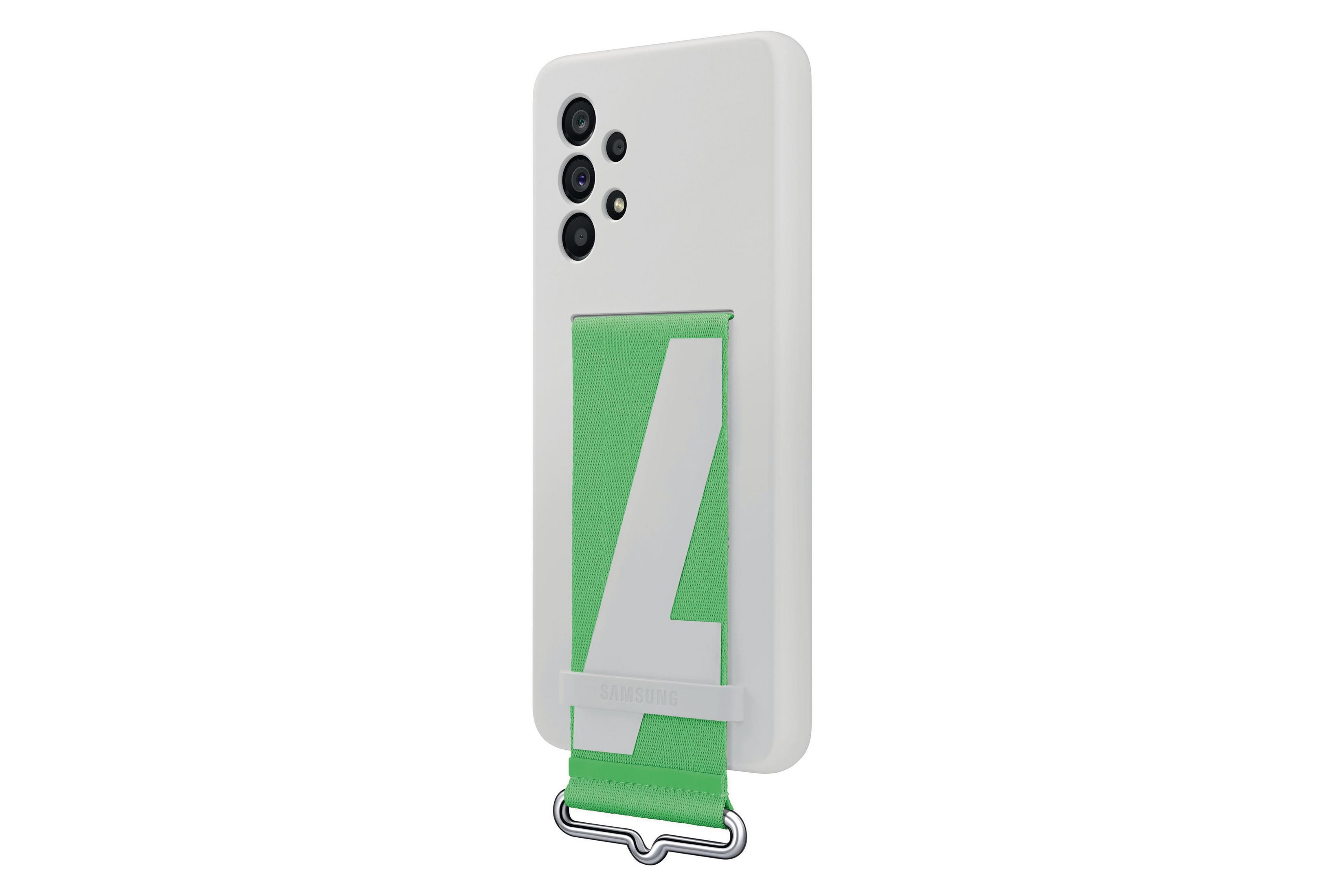 Weißes Telefon mit grünem Riemen und weißer Zahl 4. Silberner Metallring unten.