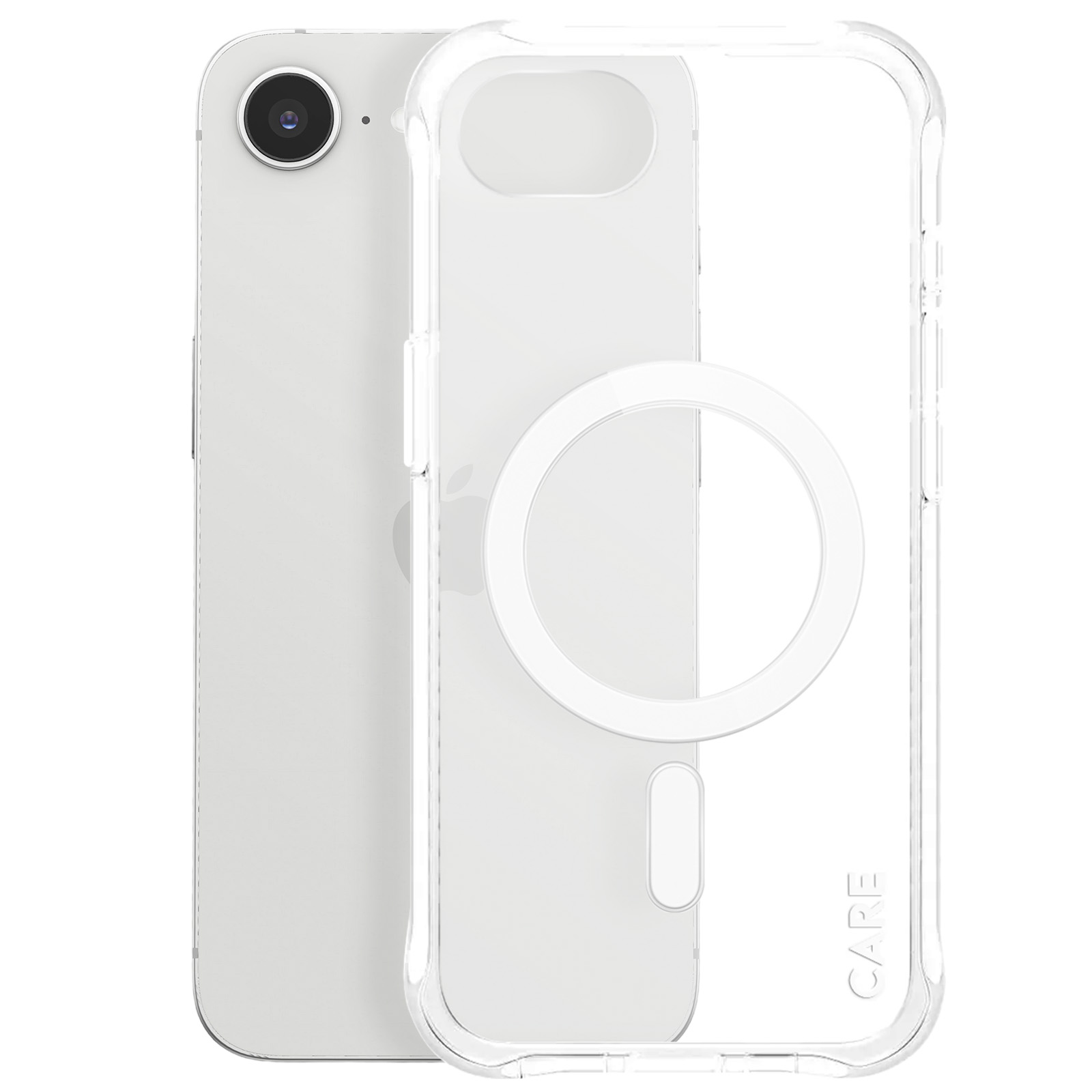 Viene visualizzata una custodia trasparente per telefono su un iPhone bianco con un anello magnetico sul retro.