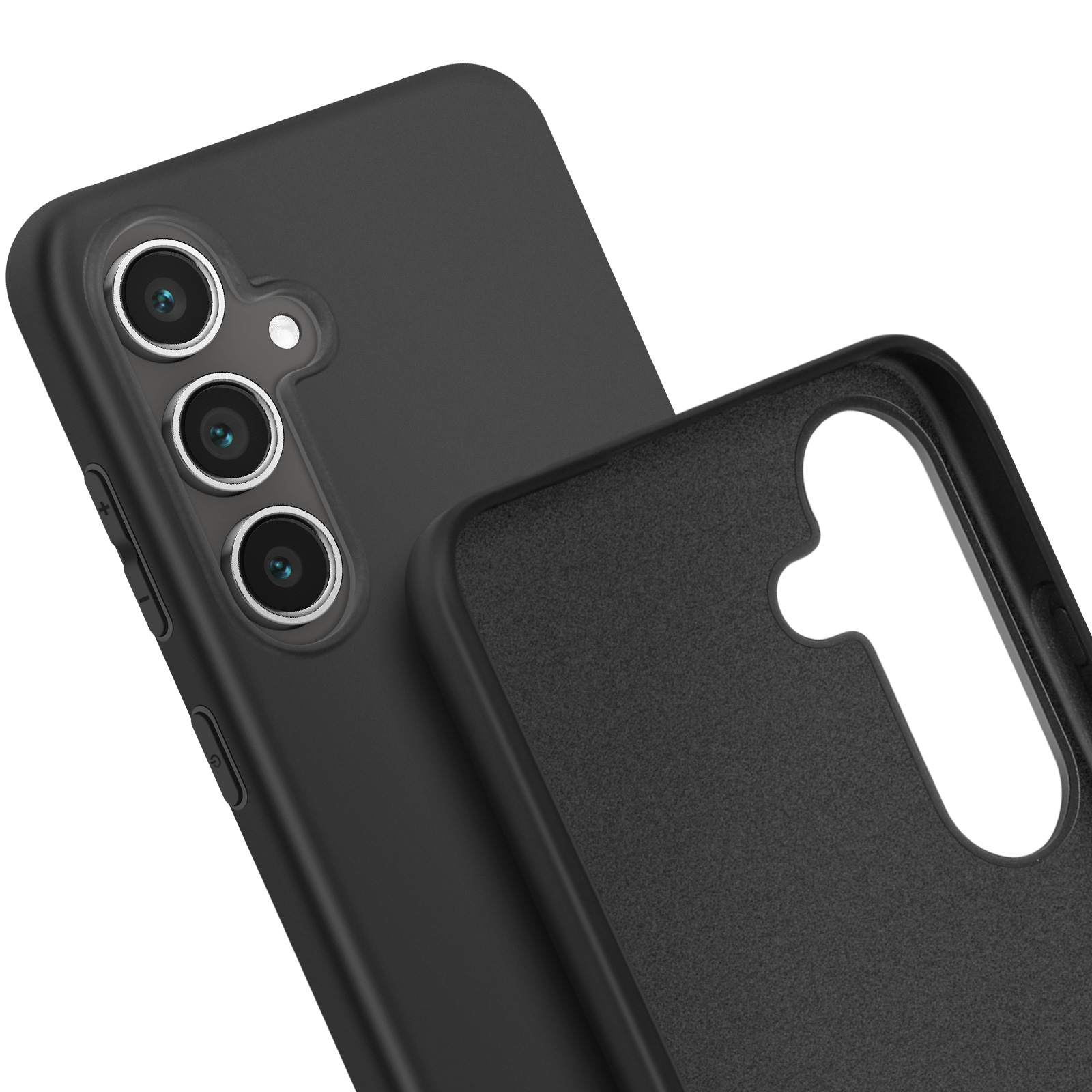 Un telefono nero e una custodia nera separata per telefono sono mostrati su uno sfondo bianco.