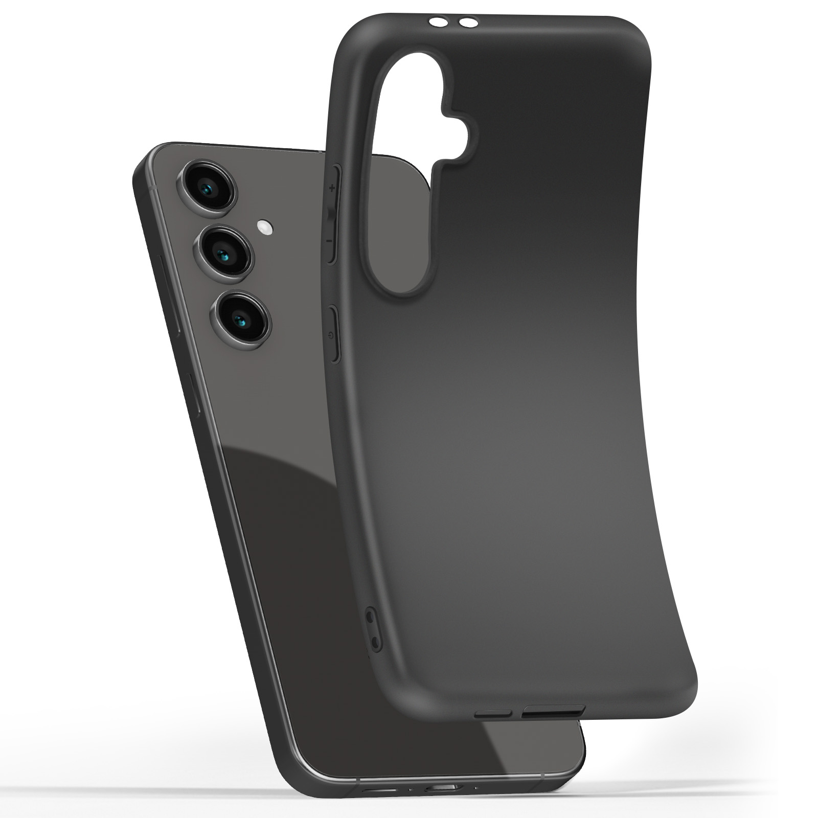 Un telefono nero e una custodia nera separata per telefono sono mostrati su uno sfondo bianco.