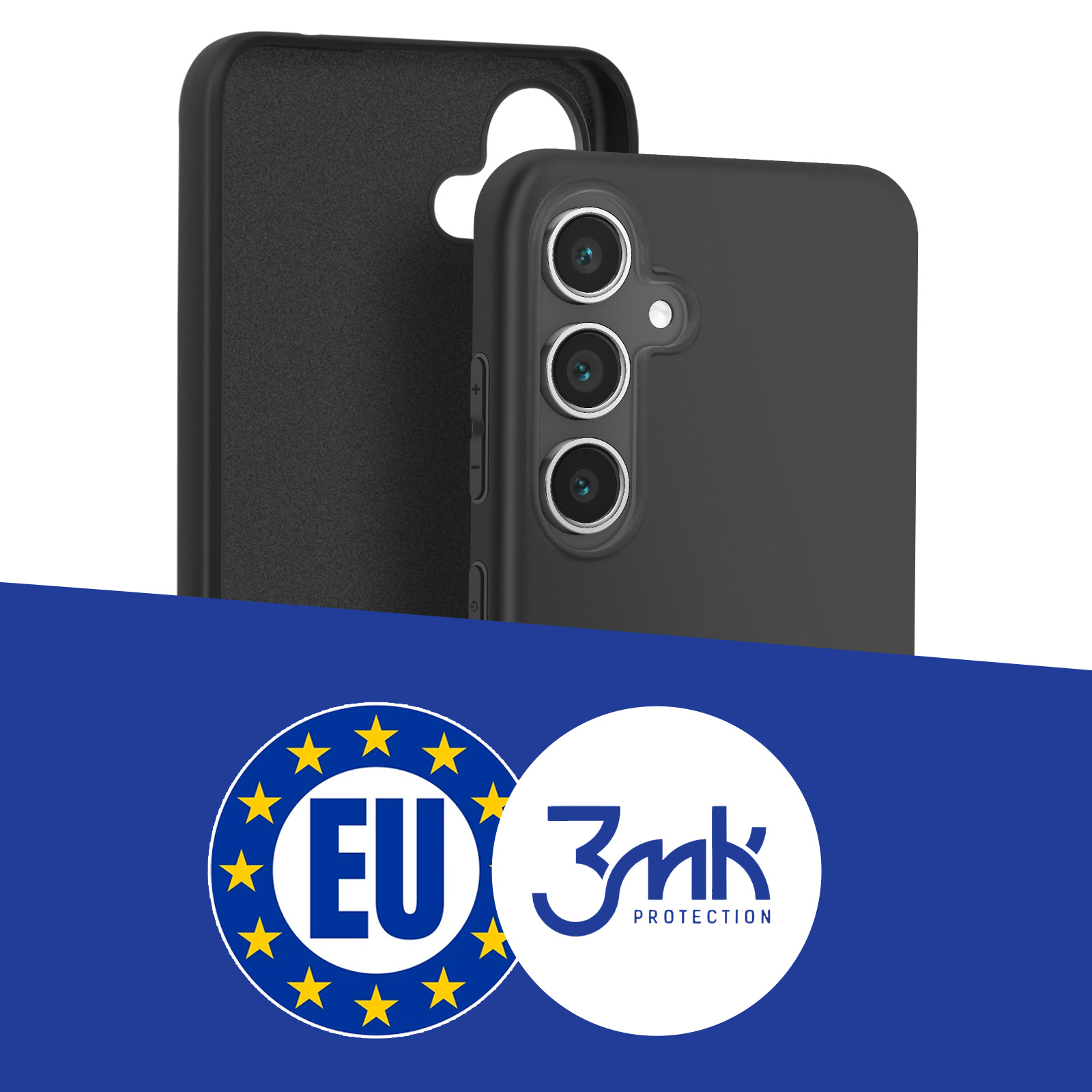 Un telefono nero e una custodia nera separata per telefono sono mostrati con i loghi UE e 3mk Protection.