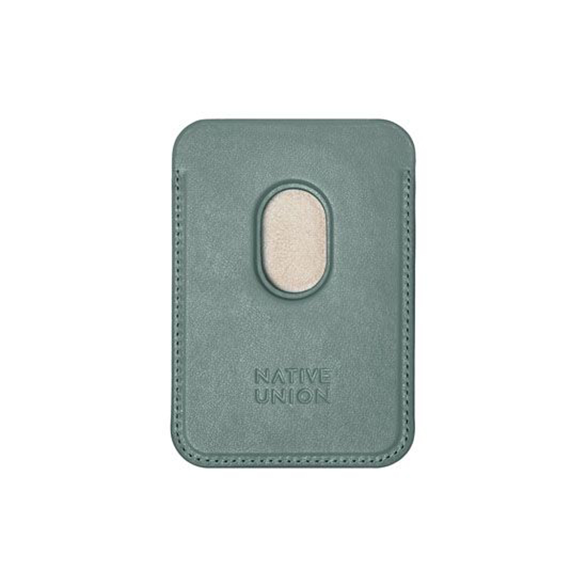 Portacarte verde con un ovale beige al centro, con la scritta 'NATIVE UNION'.