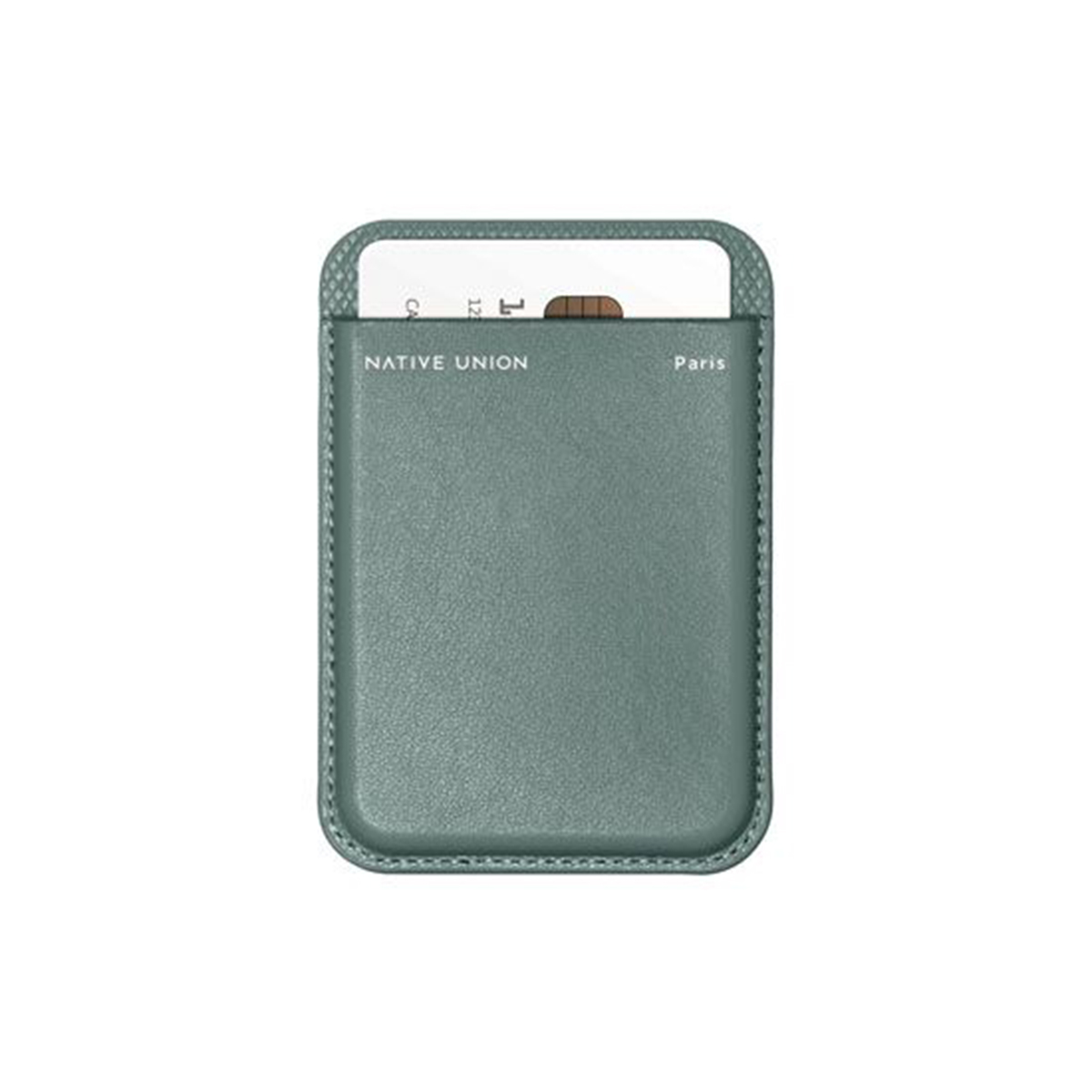 Un portacarte color teal con le parole "NATIVE UNION Paris" stampate sulla parte superiore, con una carta visibile.
