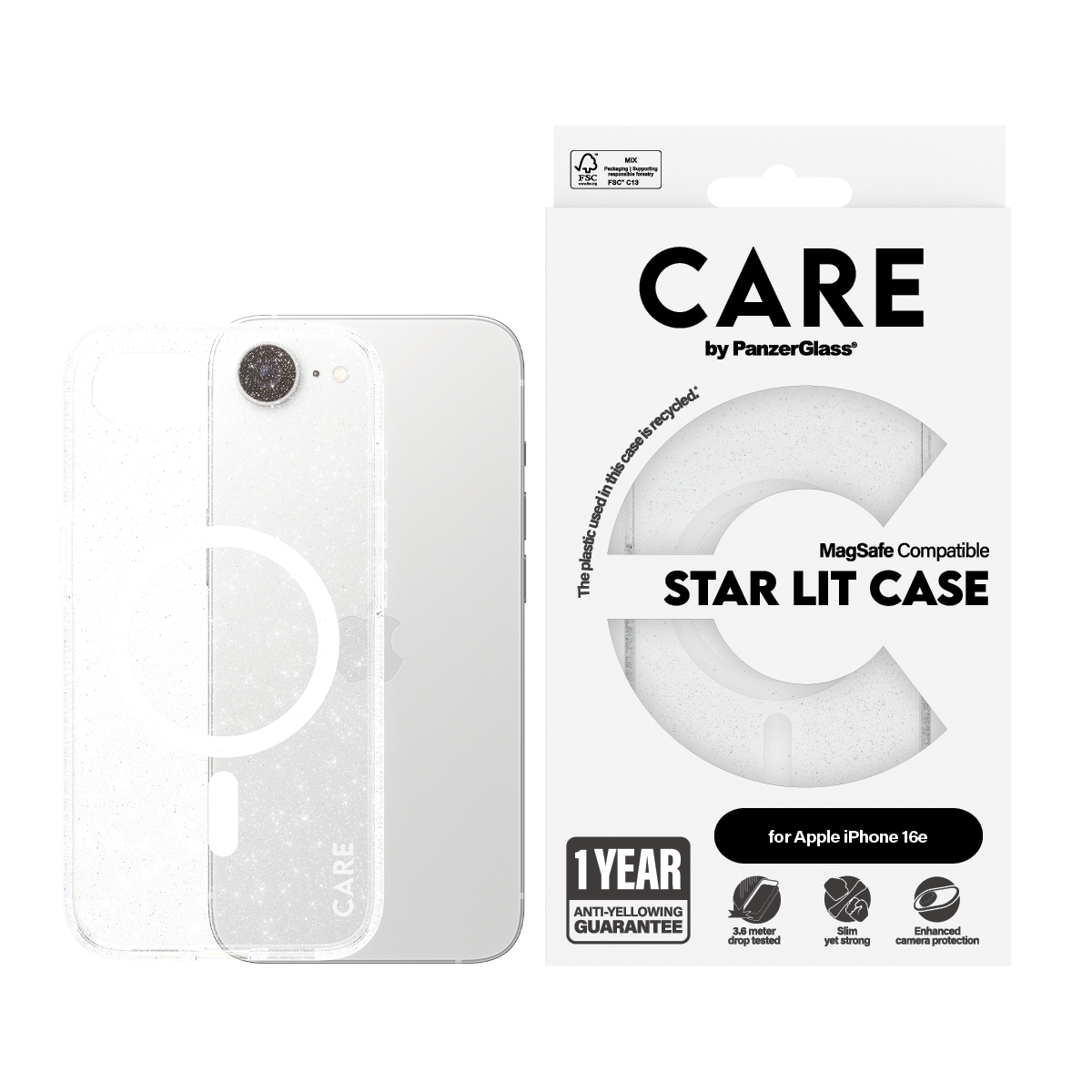 Boîte avec une coque de téléphone et un téléphone. La coque est transparente avec des paillettes. Texte dit 'STAR LIT CASE'.