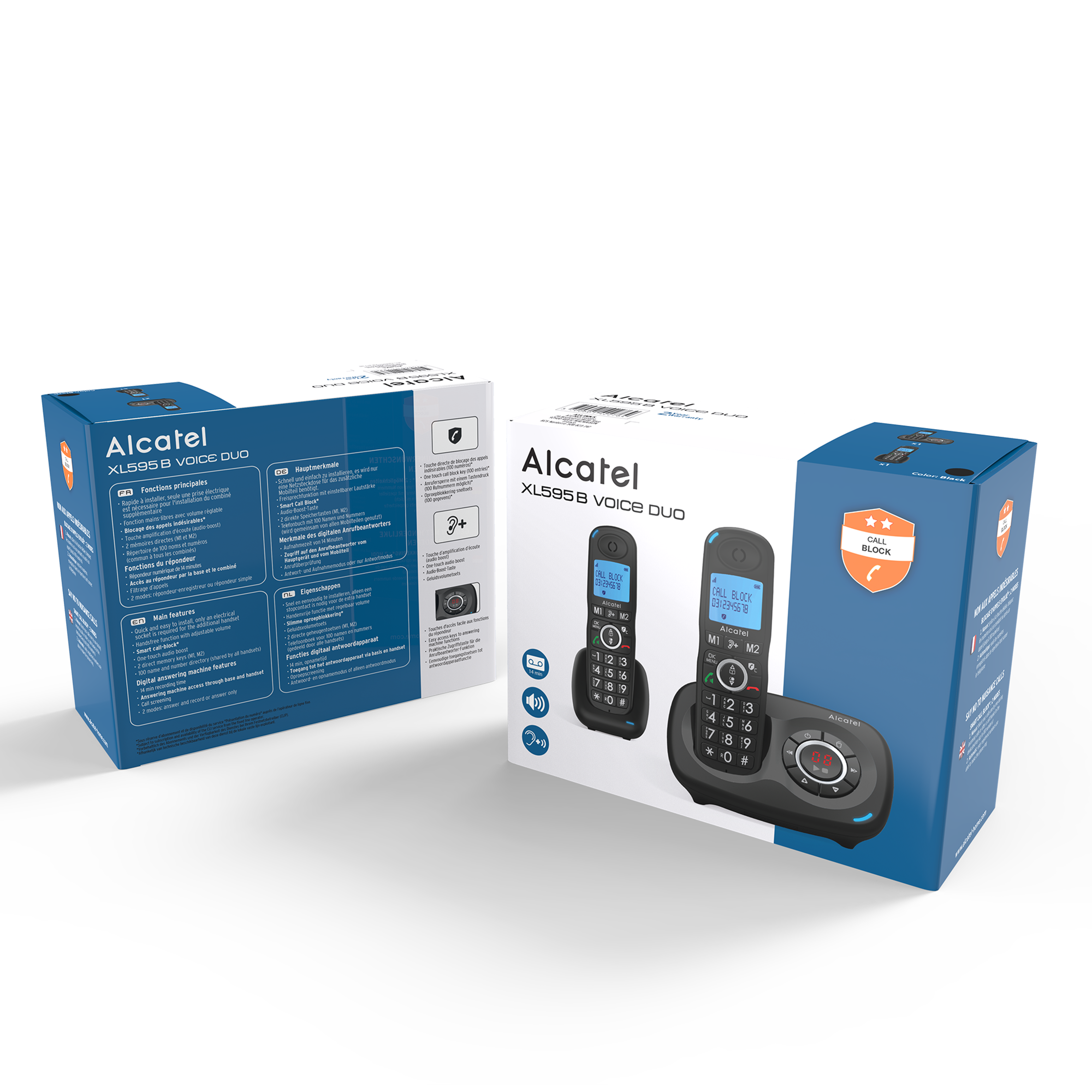 Scatola Alcatel XL595B Voice Duo. Un telefono cordless con una stazione base e un ricevitore. La scatola è bianca e blu.